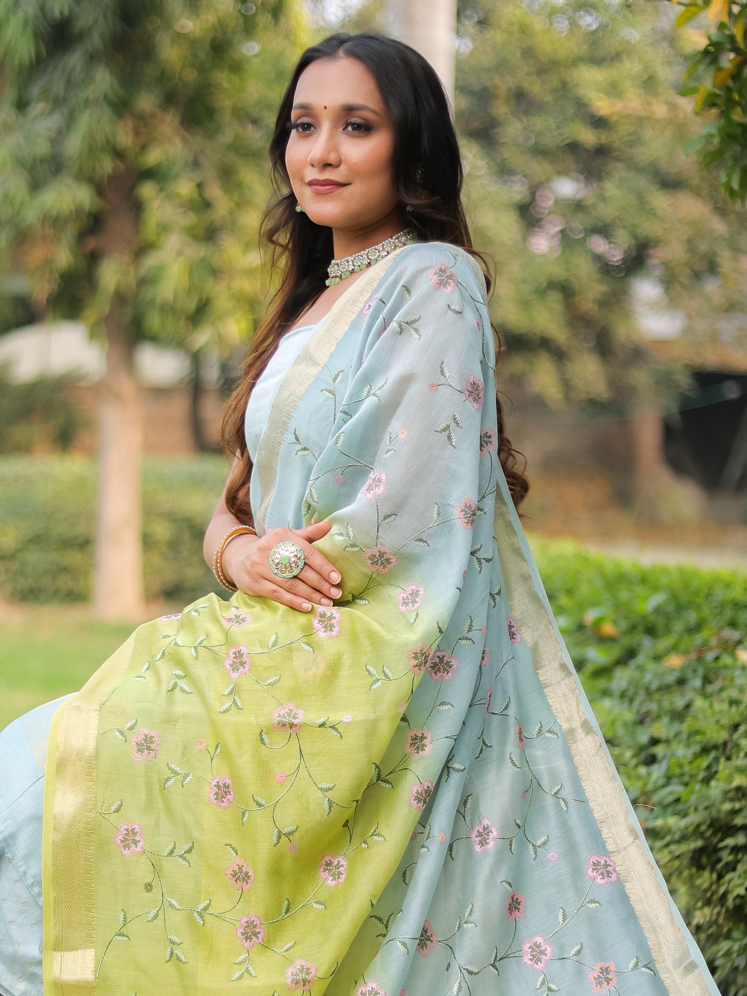 Banarasi Pure Chanderi Salwar Kameez Fabric With Embroidered Dupatta-Blue