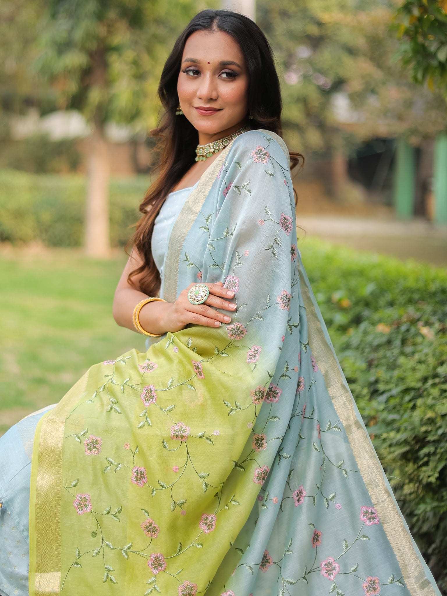 Banarasi Pure Chanderi Salwar Kameez Fabric With Embroidered Dupatta-Blue