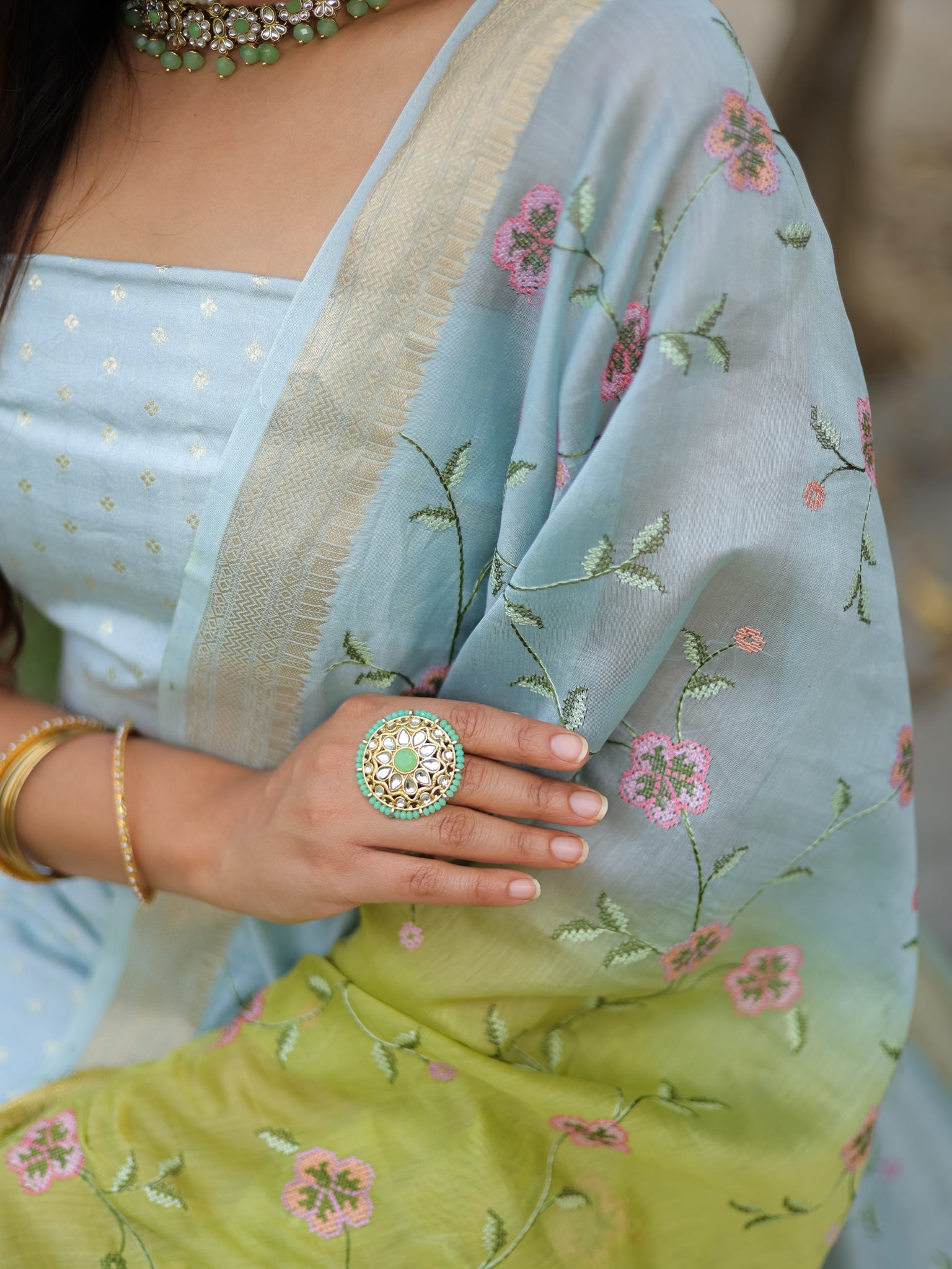 Banarasi Pure Chanderi Salwar Kameez Fabric With Embroidered Dupatta-Blue