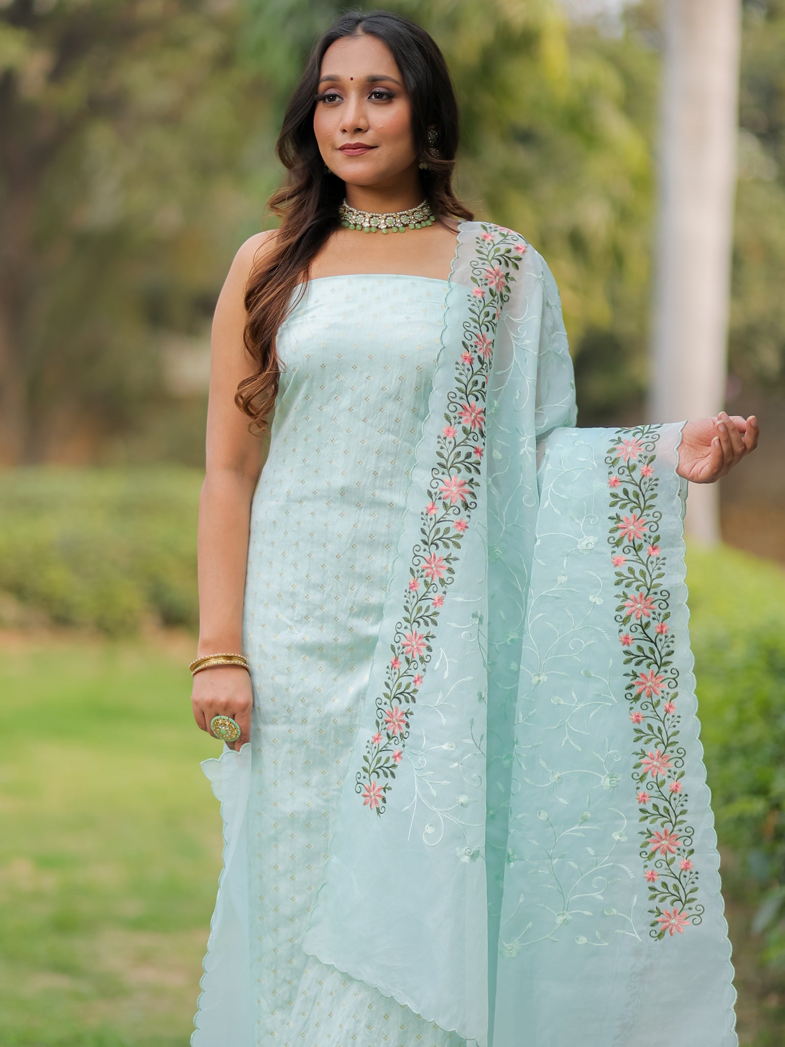 Banarasi Modal Salwar Kameez Fabric With Organza Dupatta- Blue
