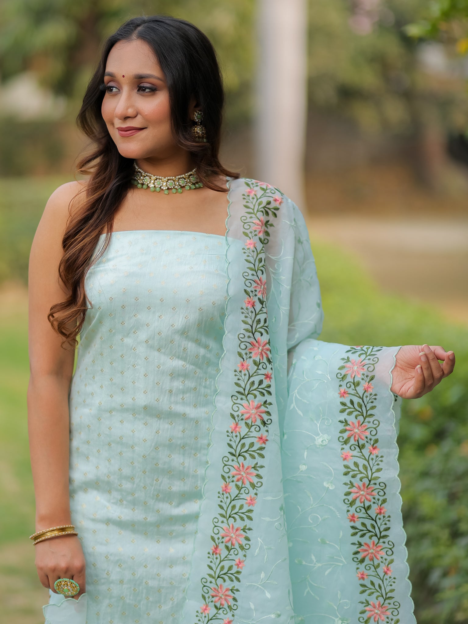 Banarasi Modal Salwar Kameez Fabric With Organza Dupatta- Blue
