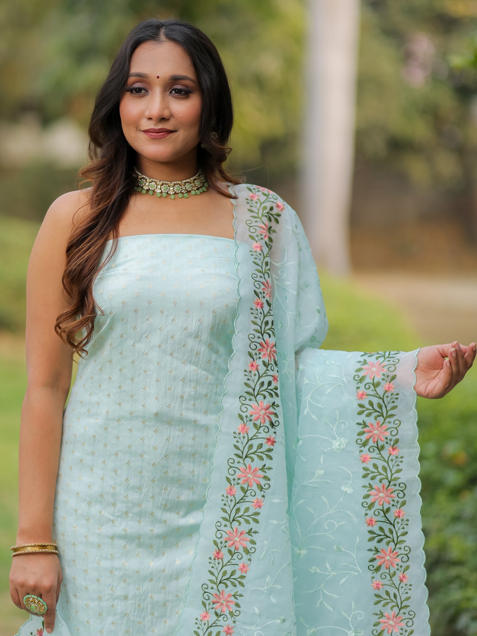 Banarasi Modal Salwar Kameez Fabric With Organza Dupatta- Blue