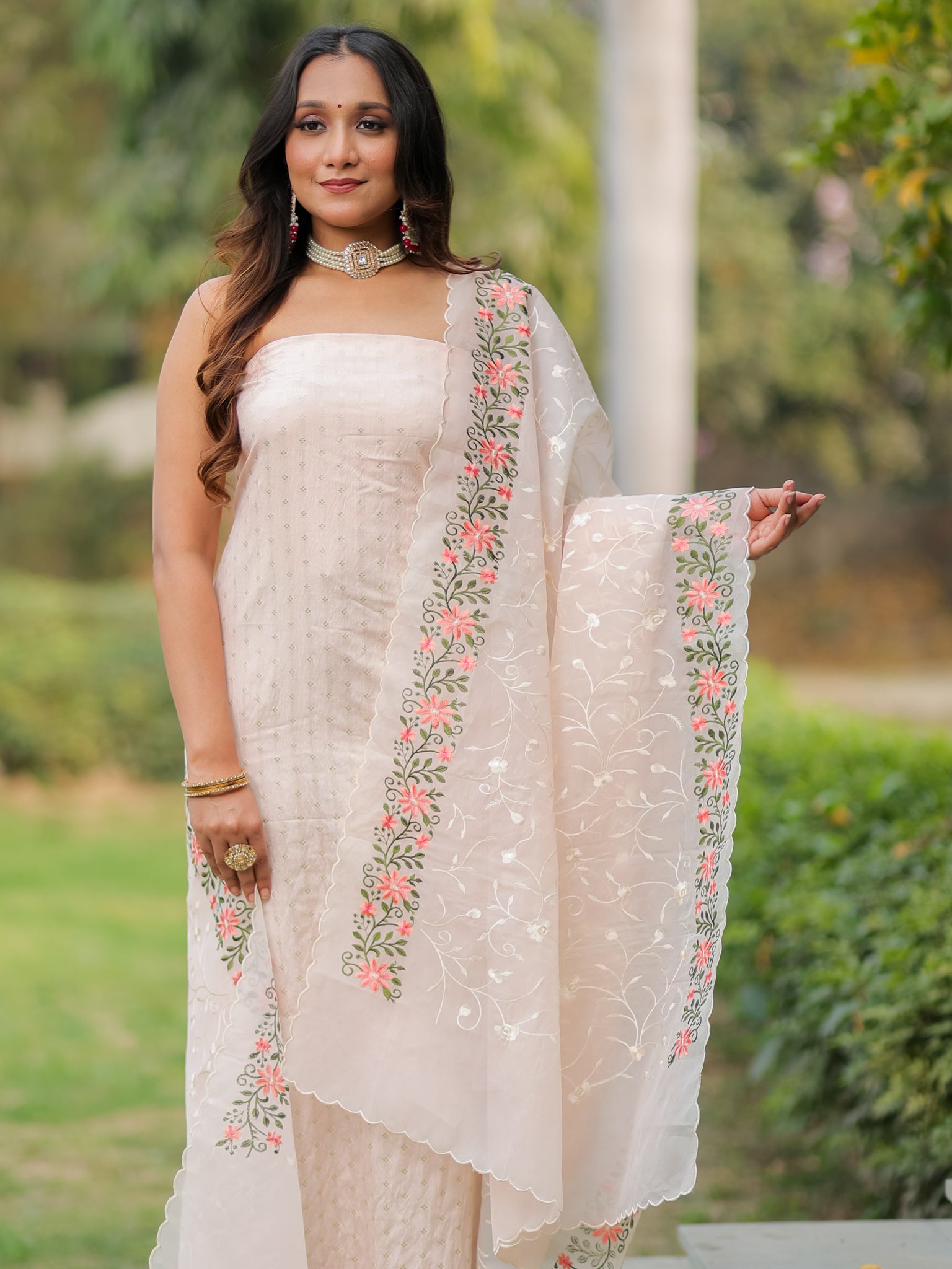 Banarasi Modal Salwar Kameez Fabric With Organza Dupatta- Pink