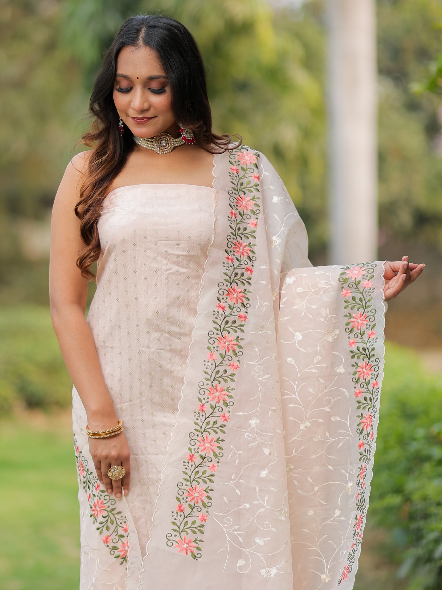 Banarasi Modal Salwar Kameez Fabric With Organza Dupatta- Pink