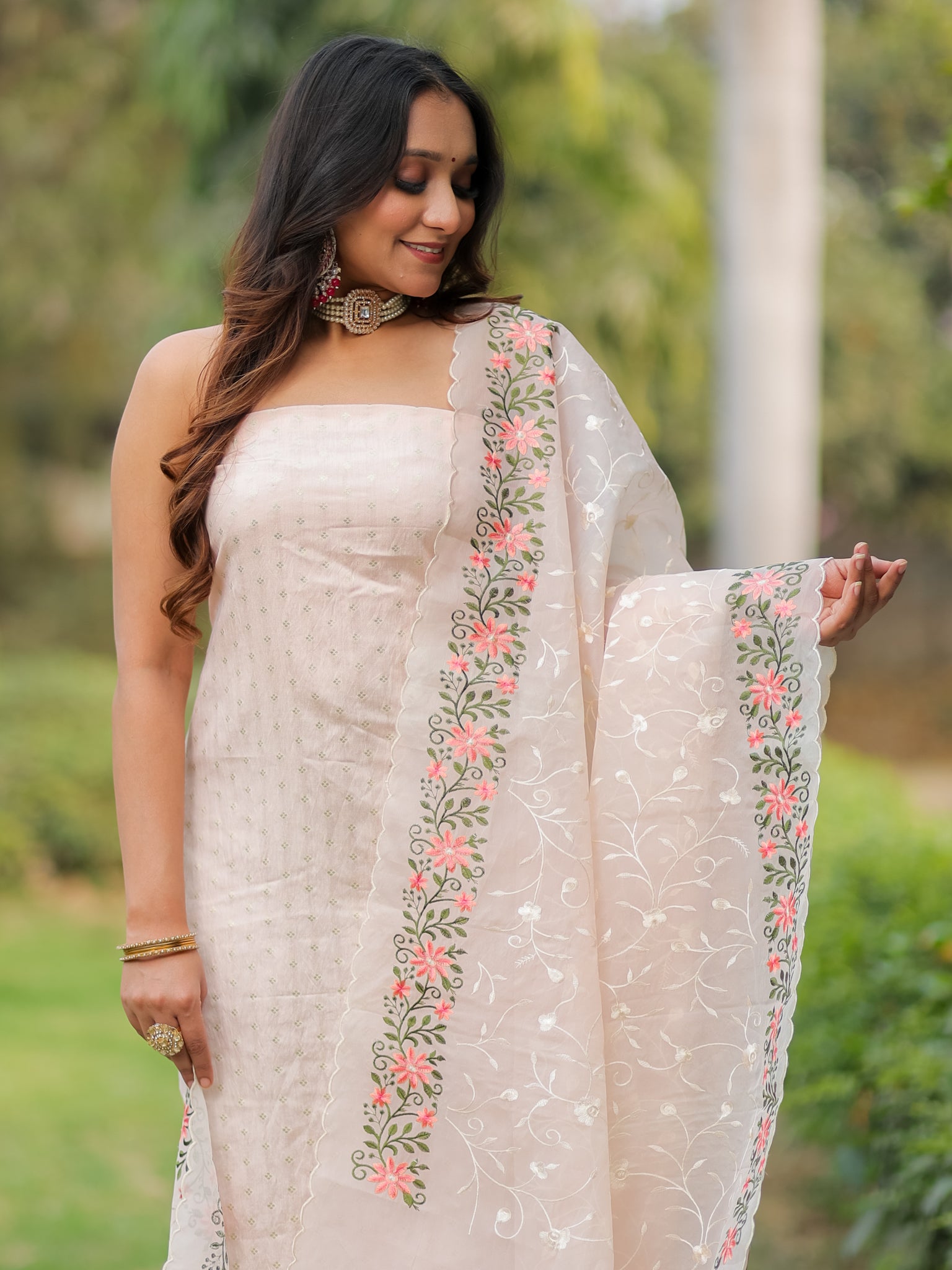 Banarasi Modal Salwar Kameez Fabric With Organza Dupatta- Pink