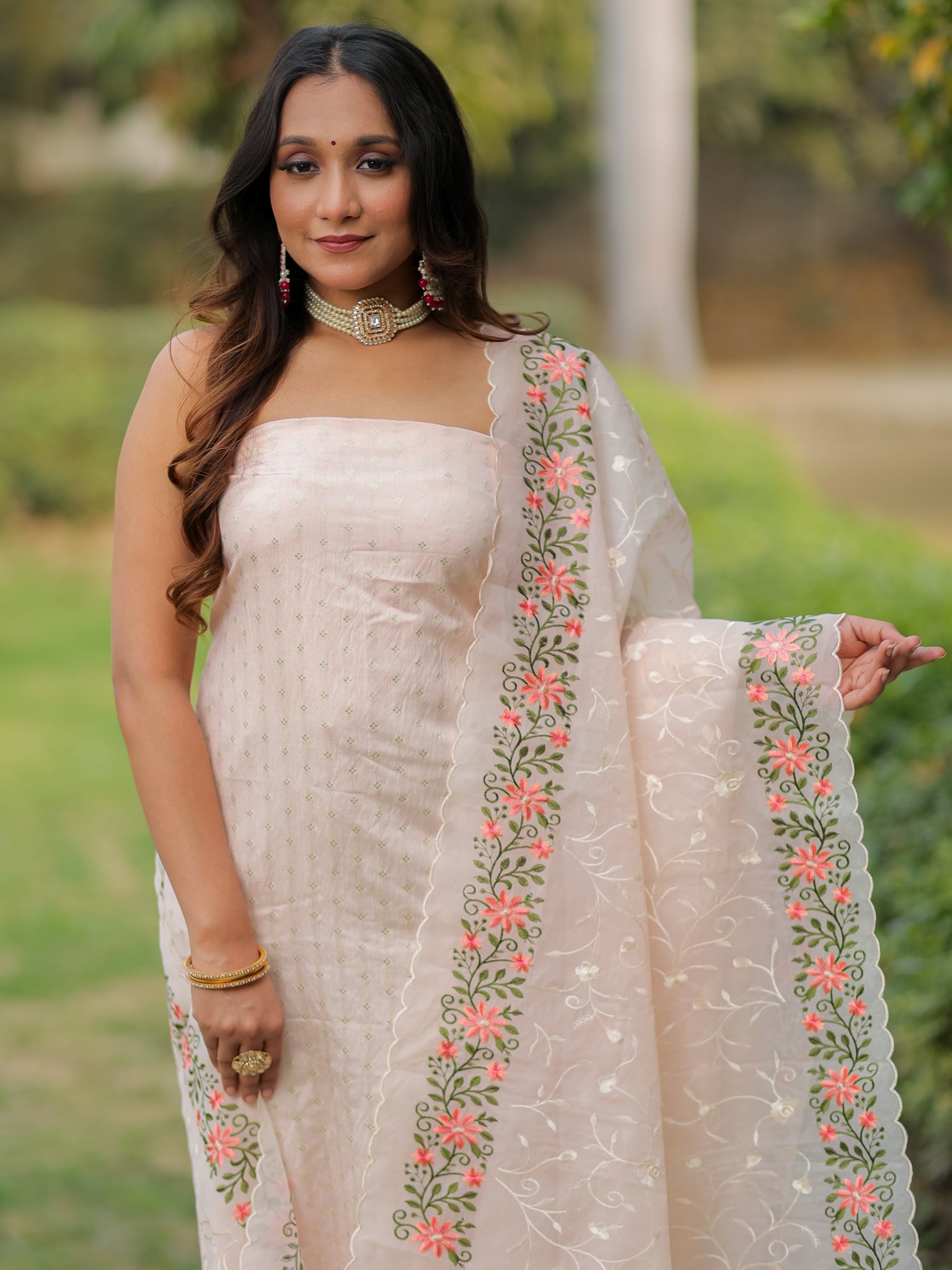 Banarasi Modal Salwar Kameez Fabric With Organza Dupatta- Pink