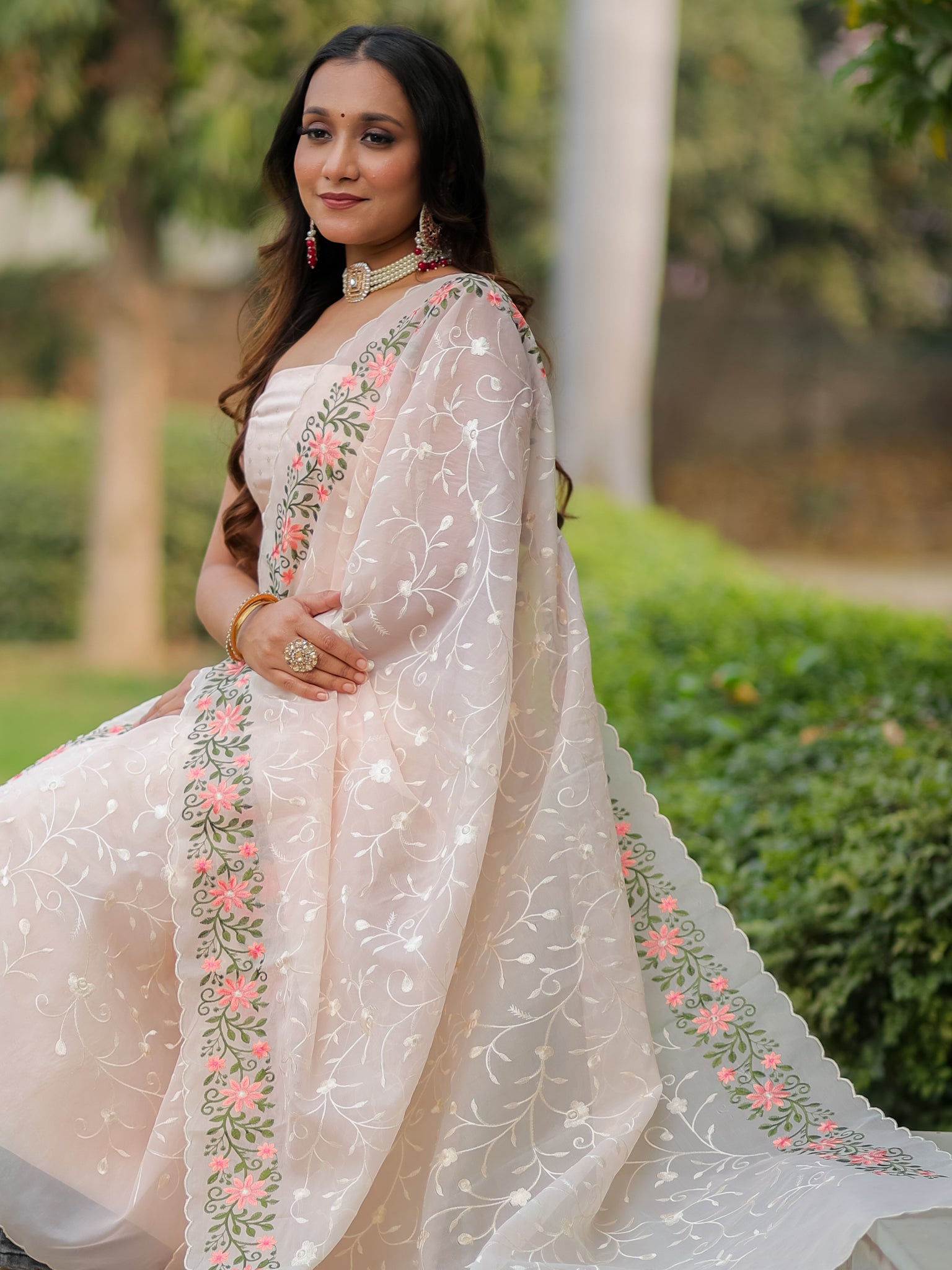 Banarasi Modal Salwar Kameez Fabric With Organza Dupatta- Pink