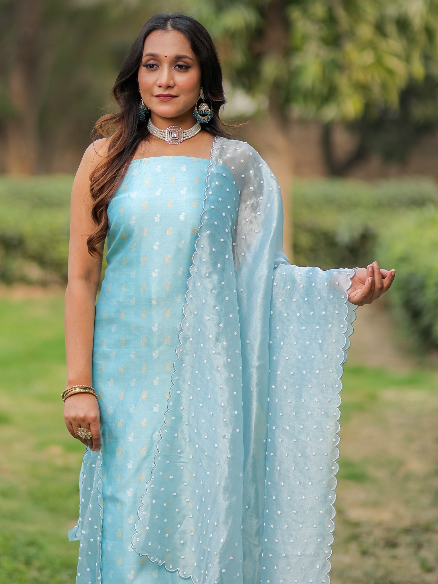 Banarasi Pure Chiniya Salwar Kameez With Tissue Handwork Dupatta- Blue