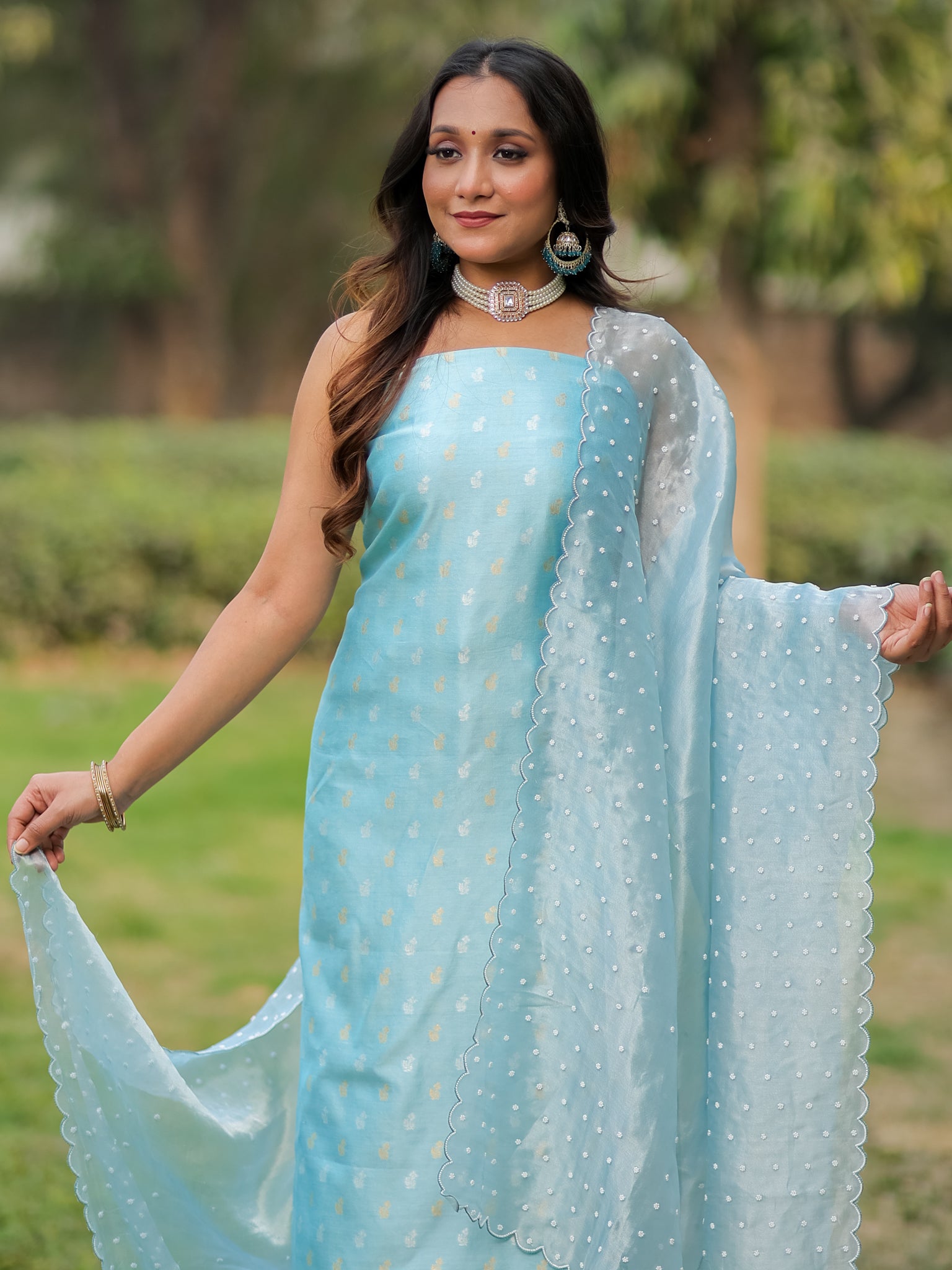 Banarasi Pure Chiniya Salwar Kameez With Tissue Handwork Dupatta- Blue