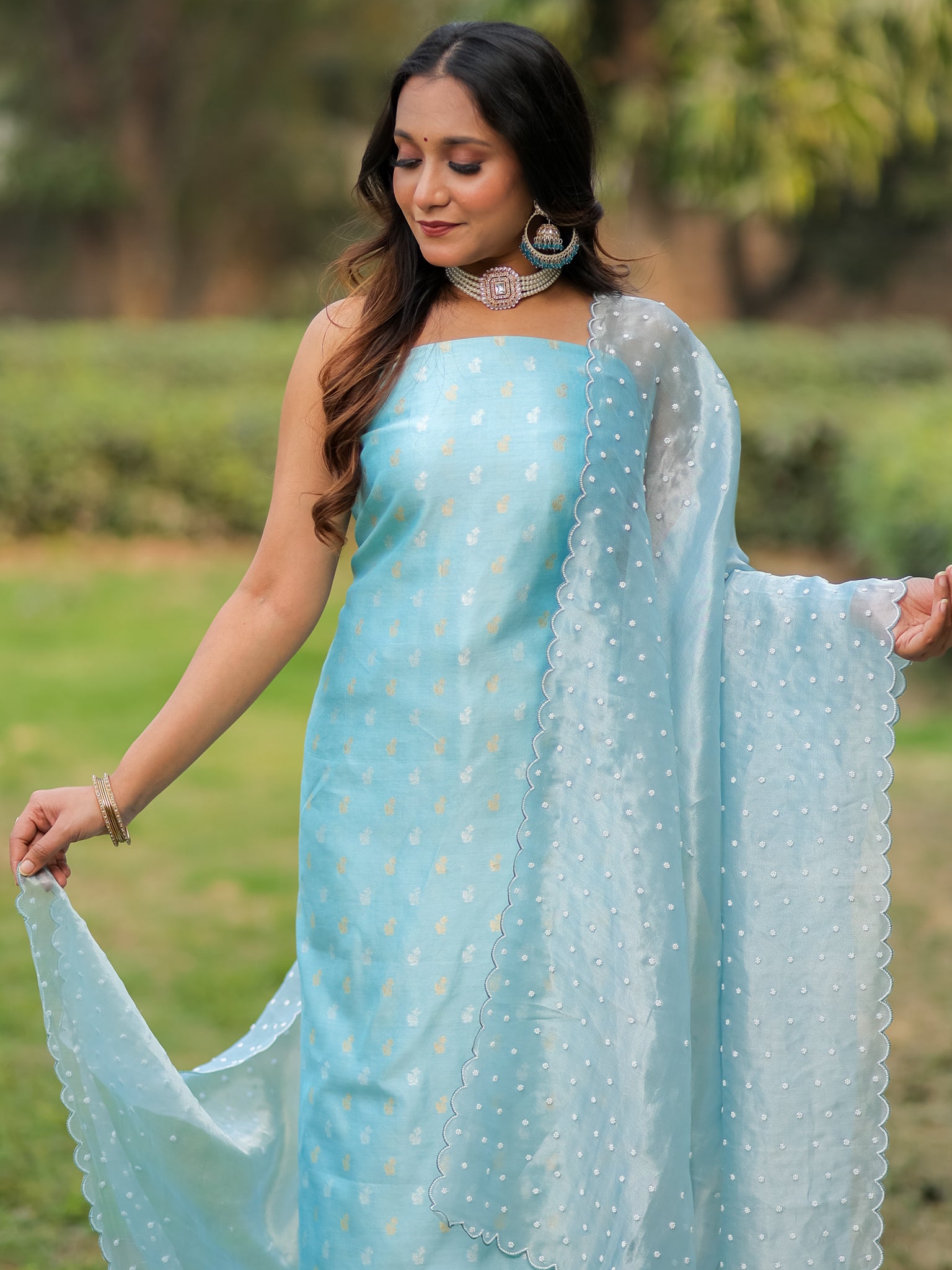 Banarasi Pure Chiniya Salwar Kameez With Tissue Handwork Dupatta- Blue