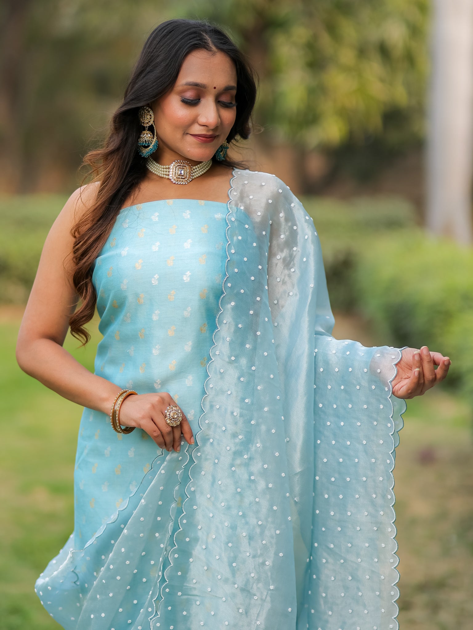Banarasi Pure Chiniya Salwar Kameez With Tissue Handwork Dupatta- Blue