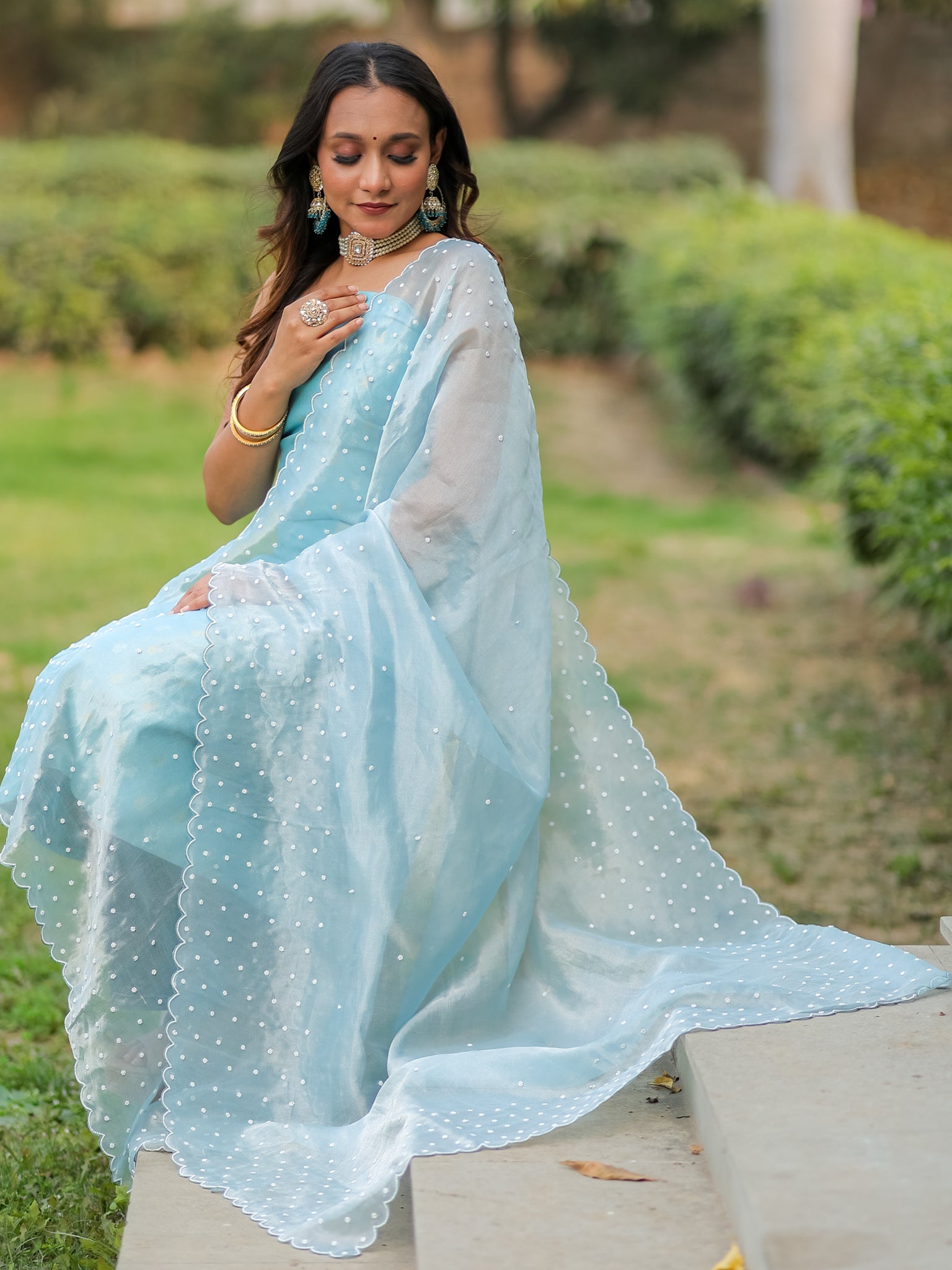 Banarasi Pure Chiniya Salwar Kameez With Tissue Handwork Dupatta- Blue