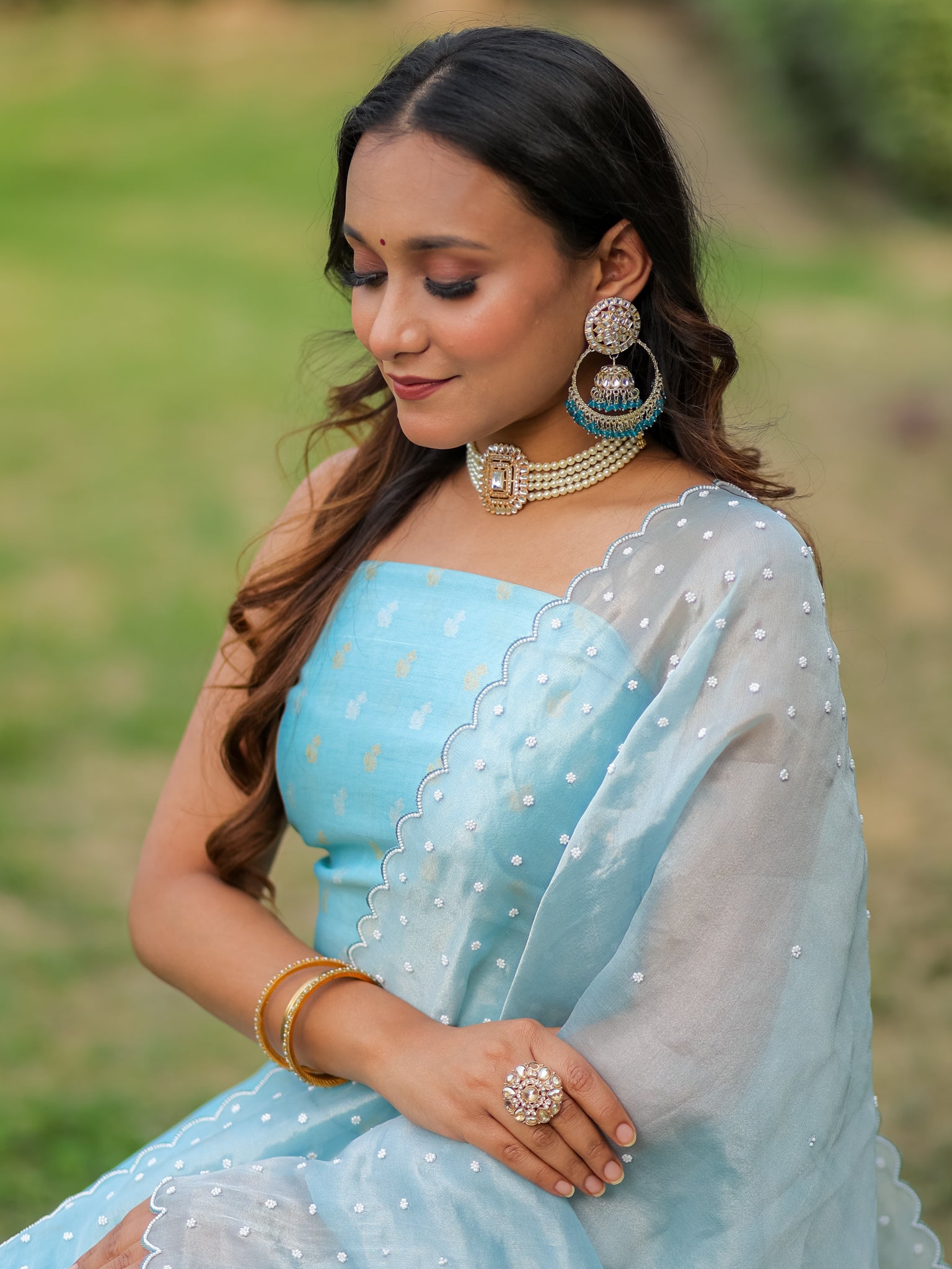 Banarasi Pure Chiniya Salwar Kameez With Tissue Handwork Dupatta- Blue