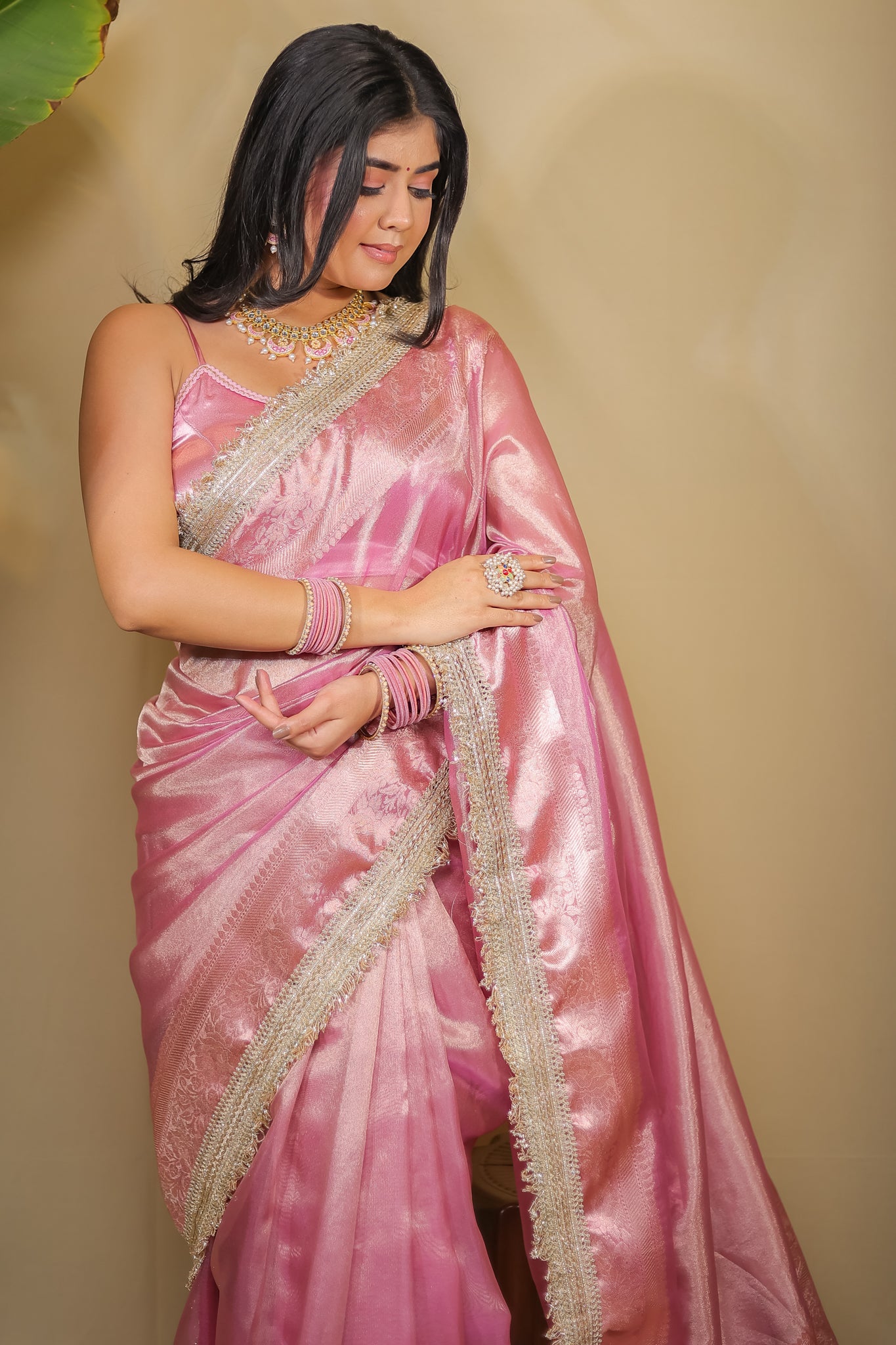 Banarasi Tissue Saree With Zari Weaving & Lace Border - Pink