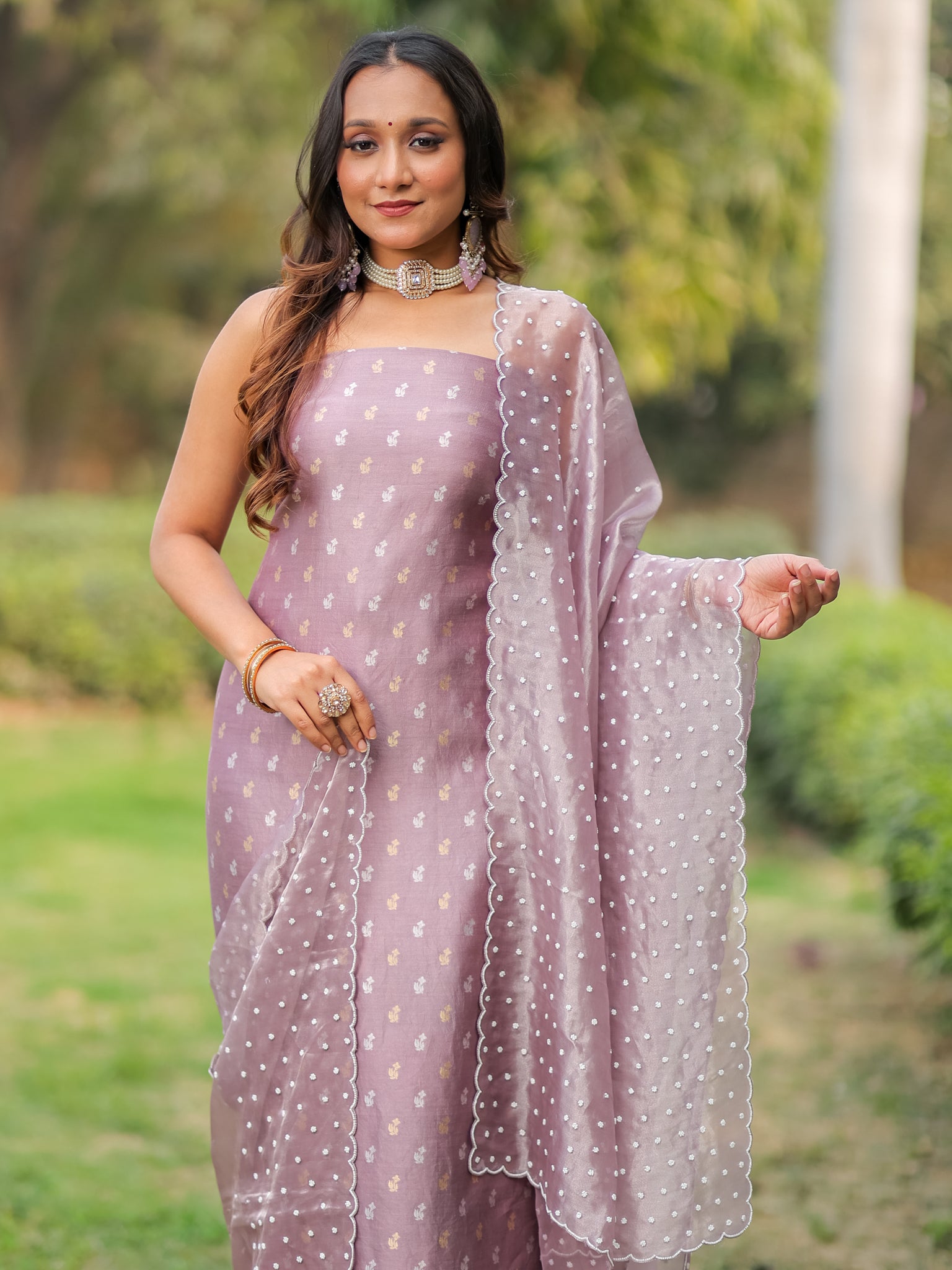 Banarasi Pure Chiniya Salwar Kameez With Tissue Handwork Dupatta-Mauve