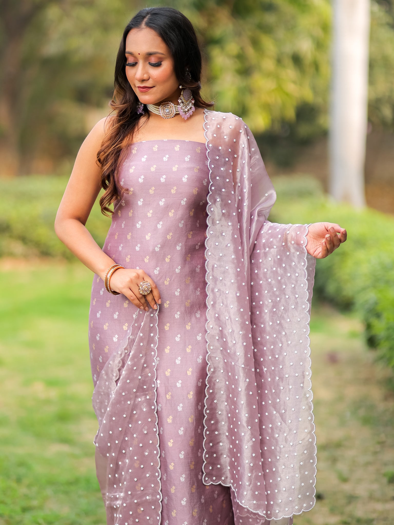 Banarasi Pure Chiniya Salwar Kameez With Tissue Handwork Dupatta-Mauve