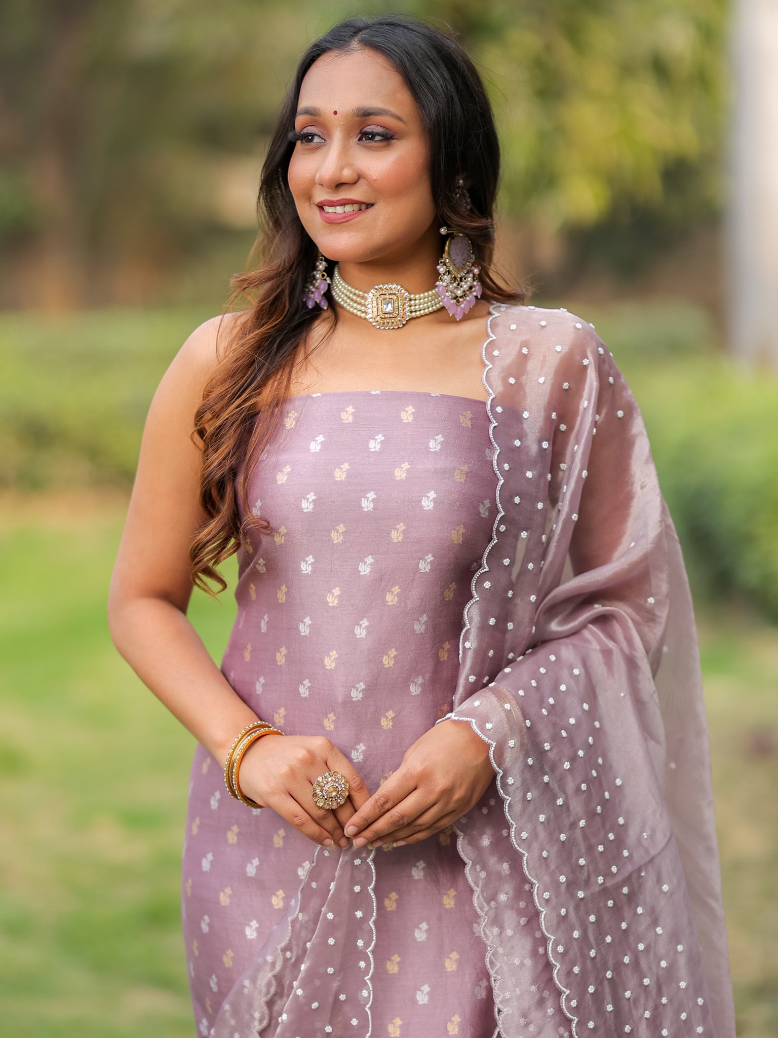 Banarasi Pure Chiniya Salwar Kameez With Tissue Handwork Dupatta-Mauve