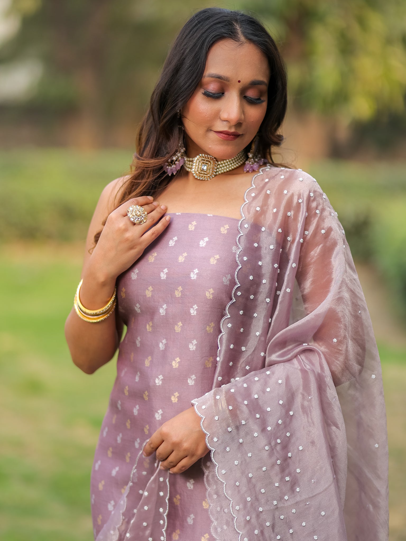 Banarasi Pure Chiniya Salwar Kameez With Tissue Handwork Dupatta-Mauve