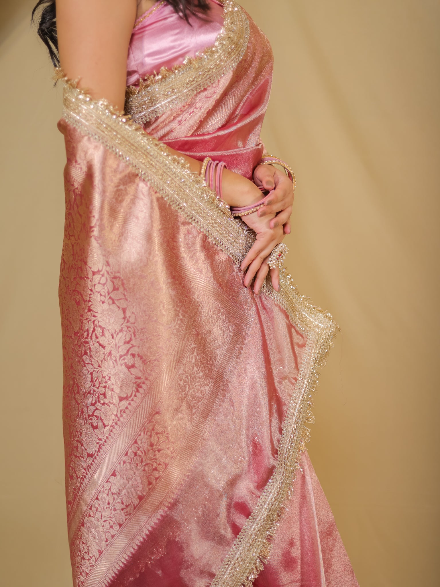 Banarasi Tissue Saree With Zari Weaving & Lace Border - Pink
