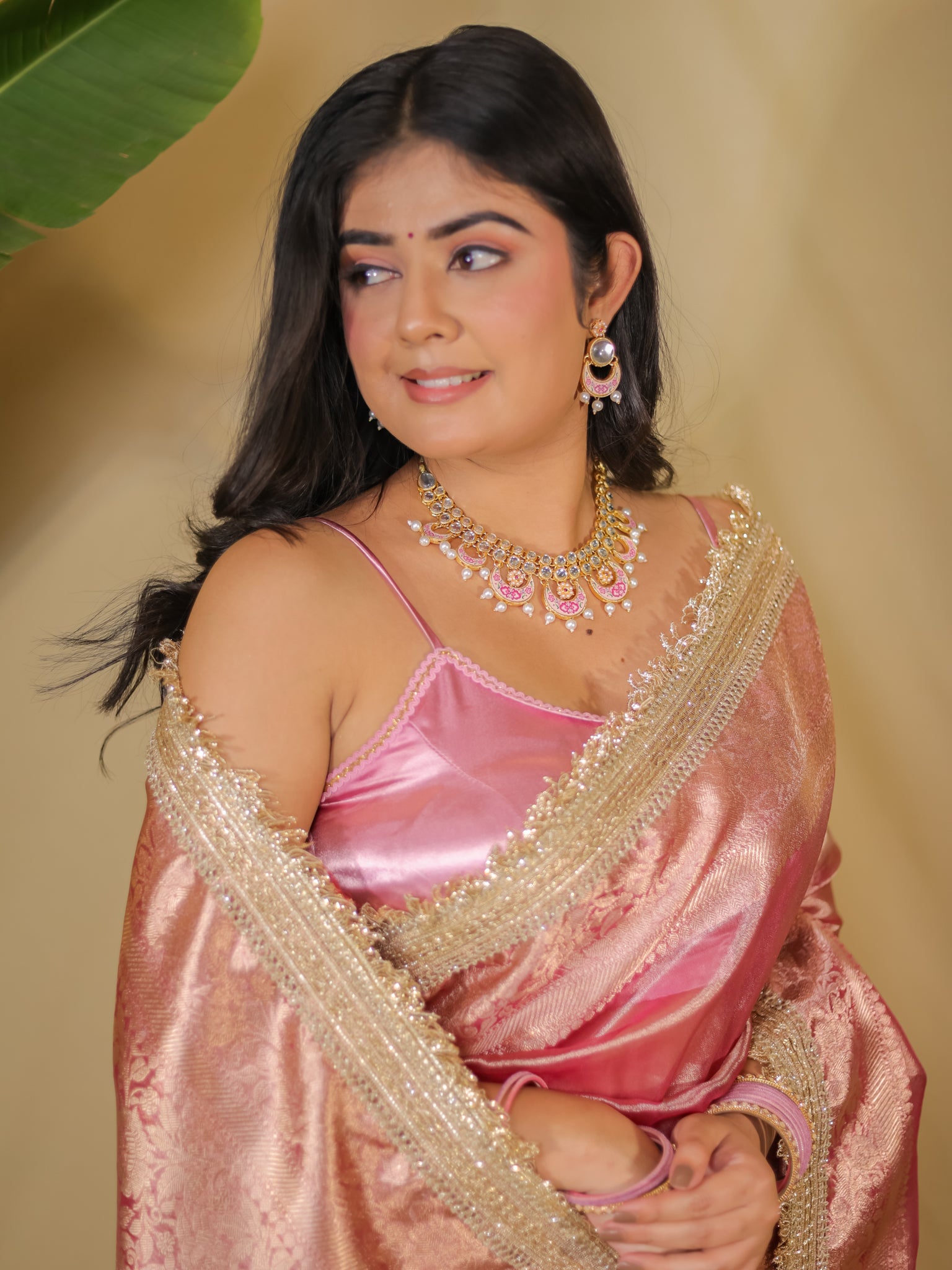 Banarasi Tissue Saree With Zari Weaving & Lace Border - Pink