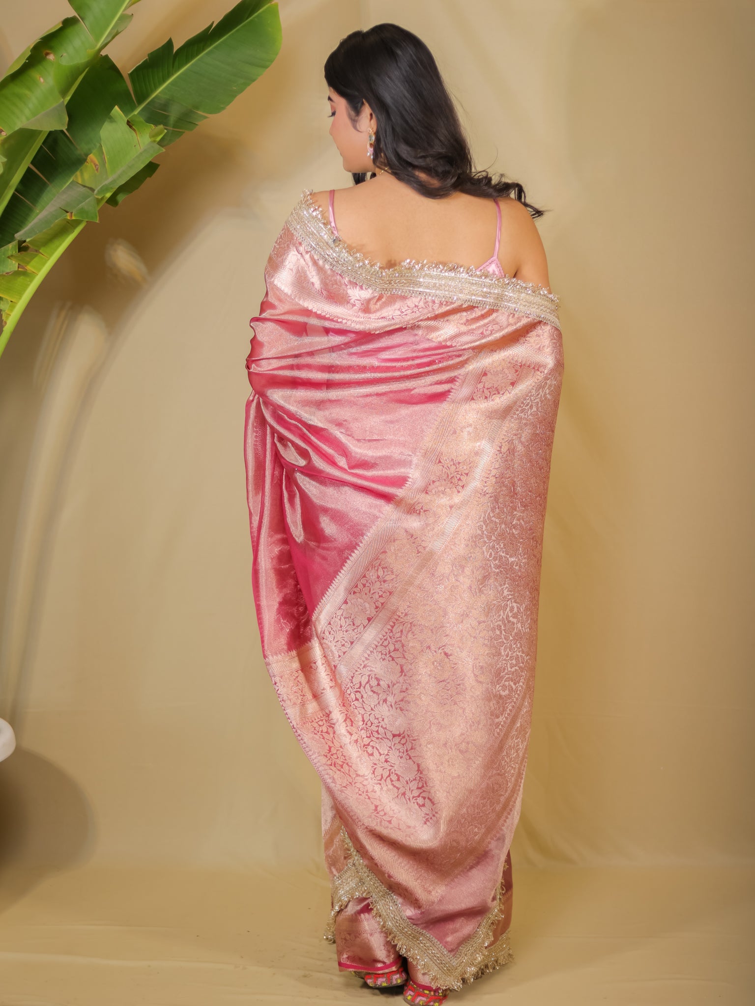 Banarasi Tissue Saree With Zari Weaving & Lace Border - Pink