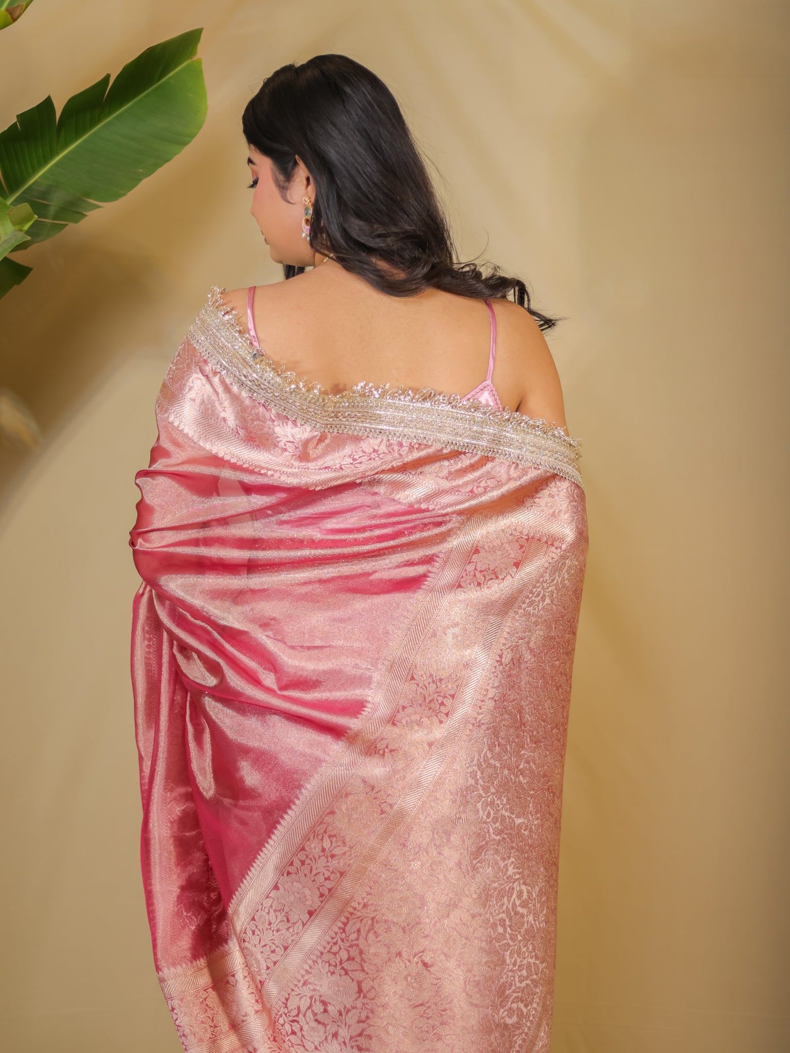 Banarasi Tissue Saree With Zari Weaving & Lace Border - Pink