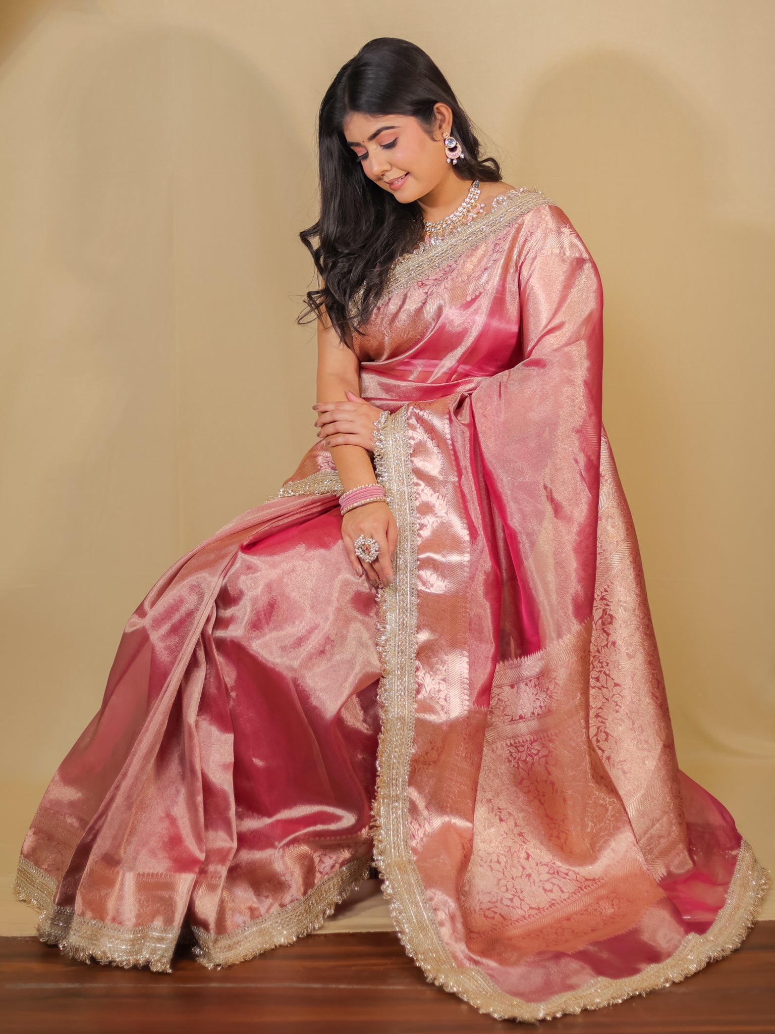 Banarasi Tissue Saree With Zari Weaving & Lace Border - Pink