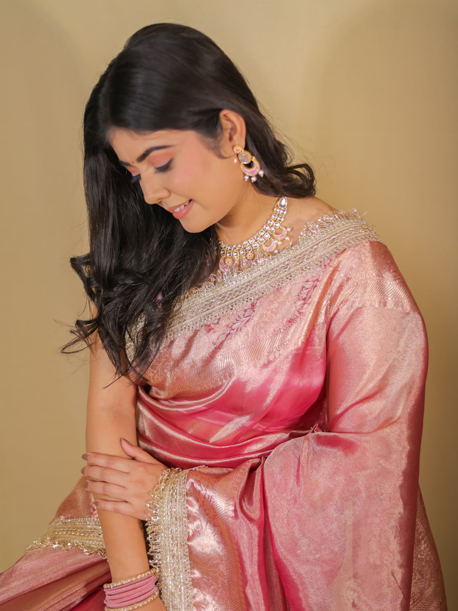 Banarasi Tissue Saree With Zari Weaving & Lace Border - Pink