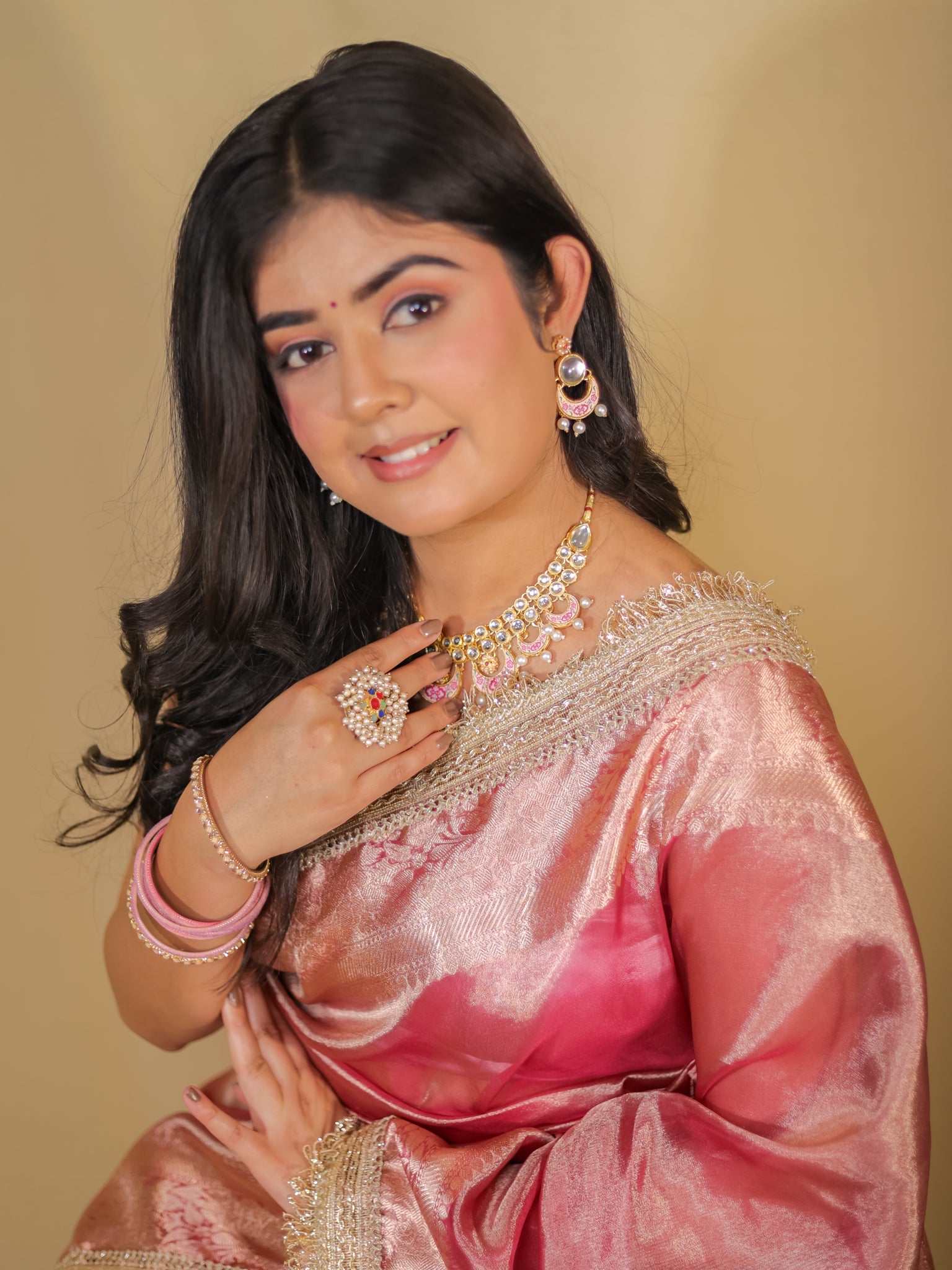 Banarasi Tissue Saree With Zari Weaving & Lace Border - Pink