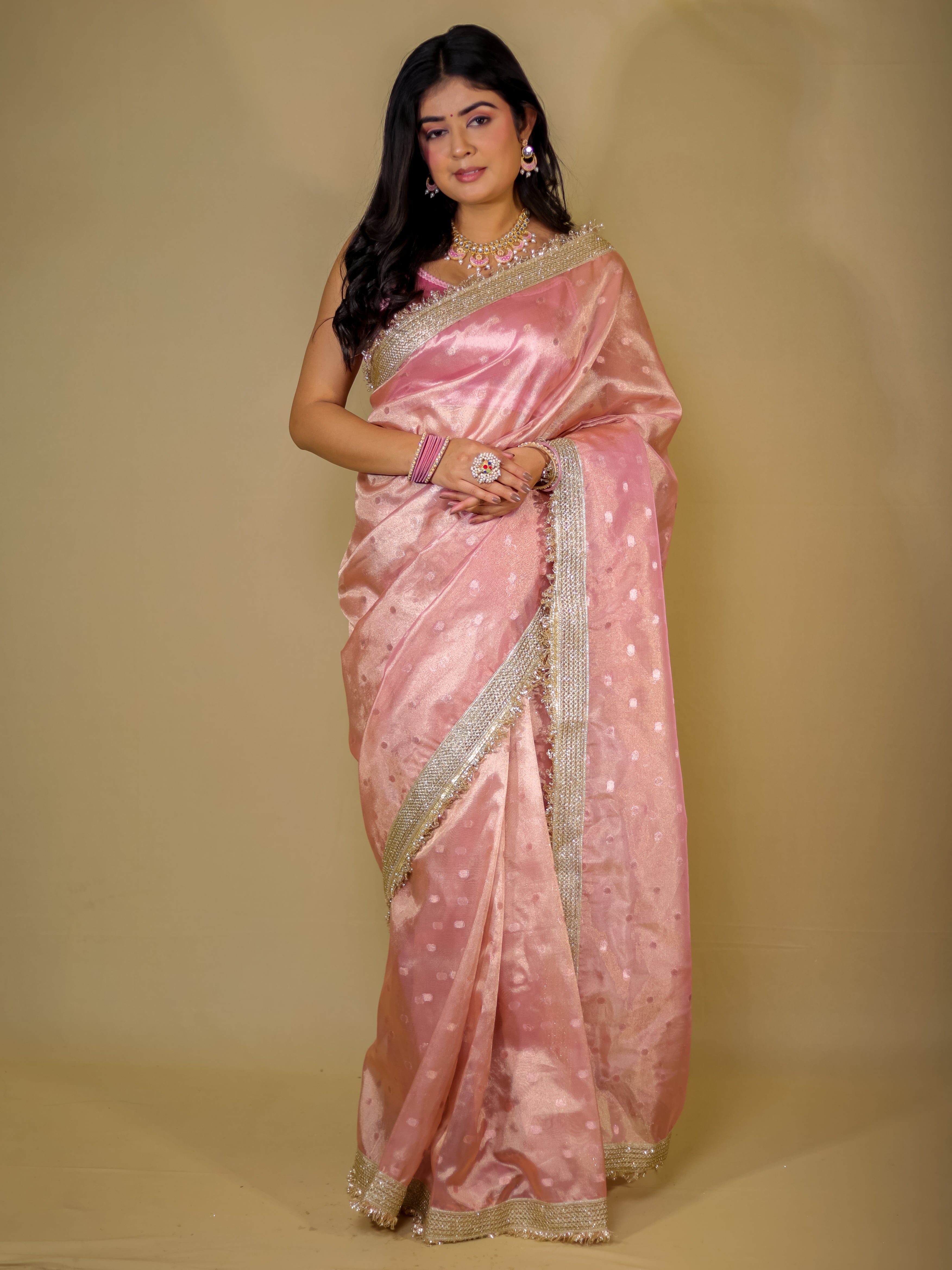 Banarasi Tissue Saree With Buti Weaving & Lace Border - Pink
