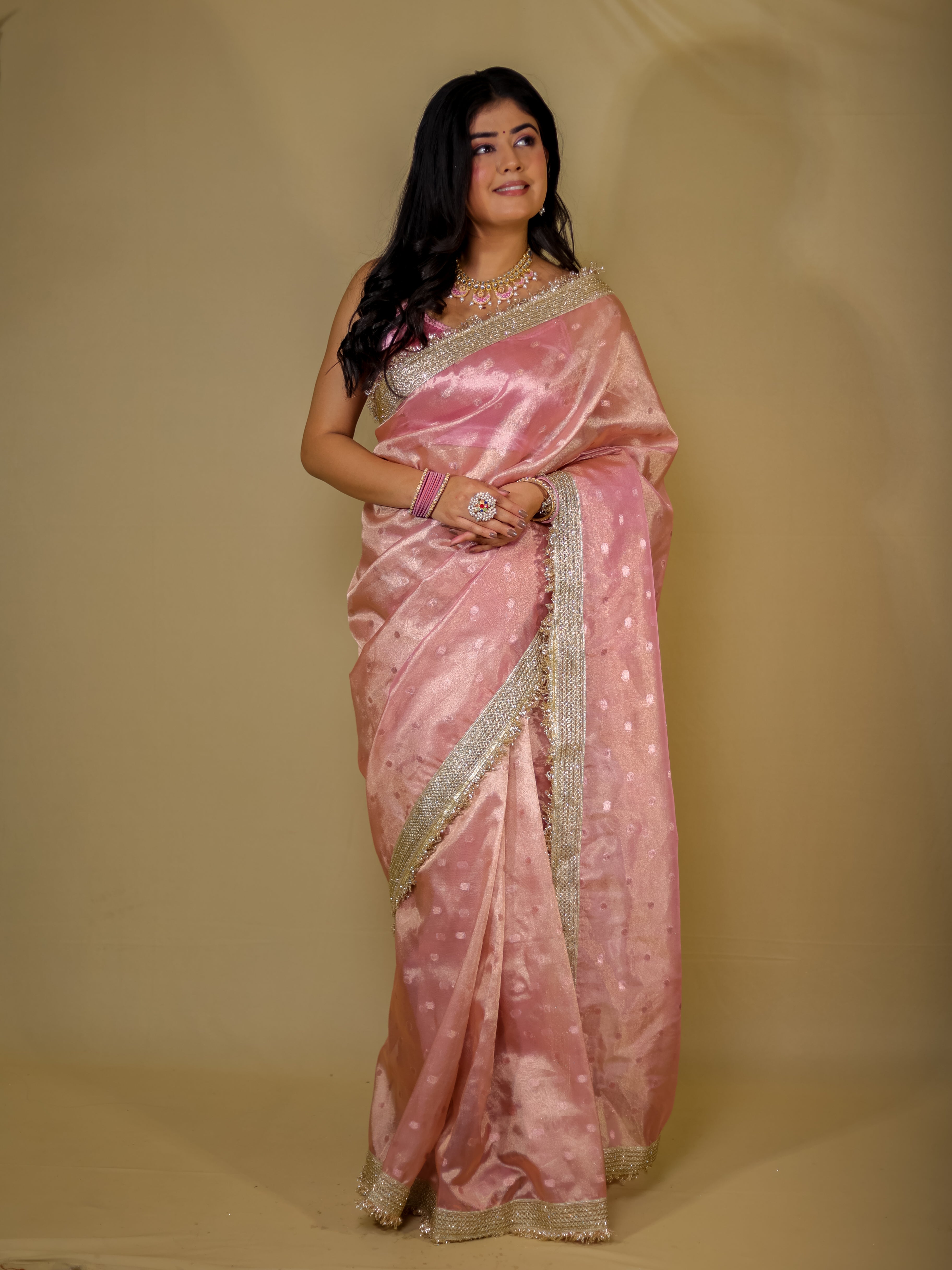 Banarasi Tissue Saree With Buti Weaving & Lace Border - Pink