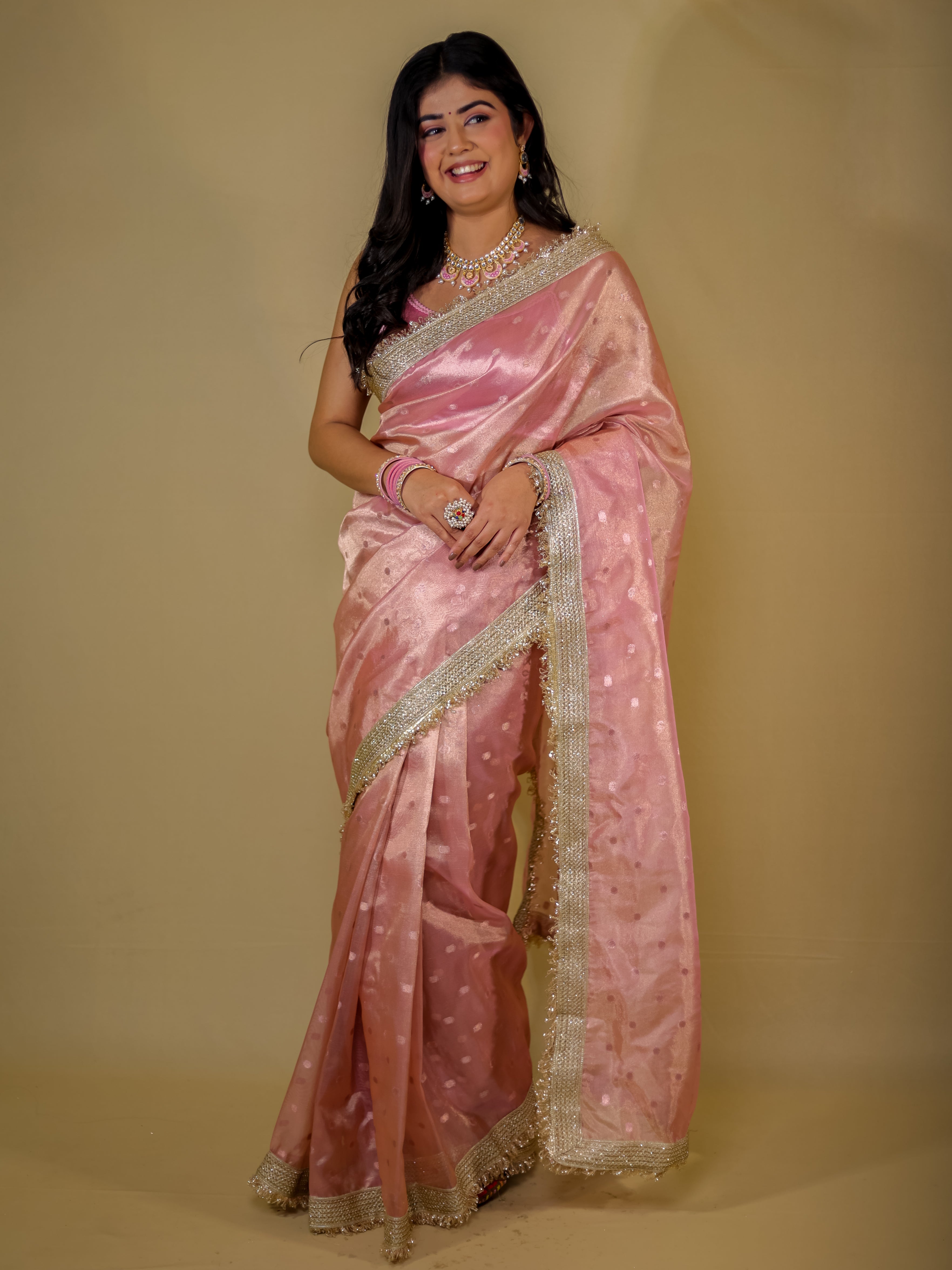 Banarasi Tissue Saree With Buti Weaving & Lace Border - Pink