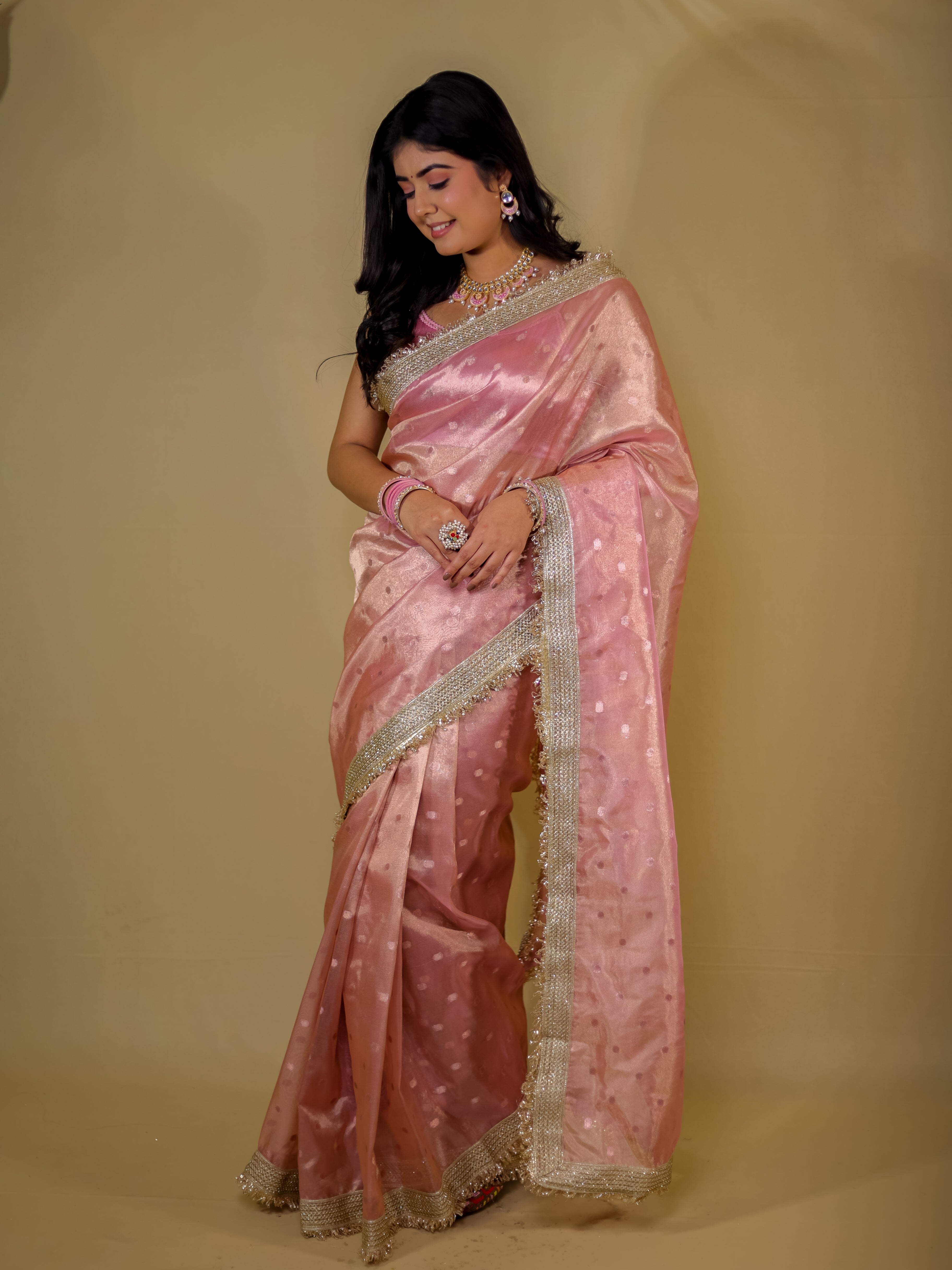 Banarasi Tissue Saree With Buti Weaving & Lace Border - Pink