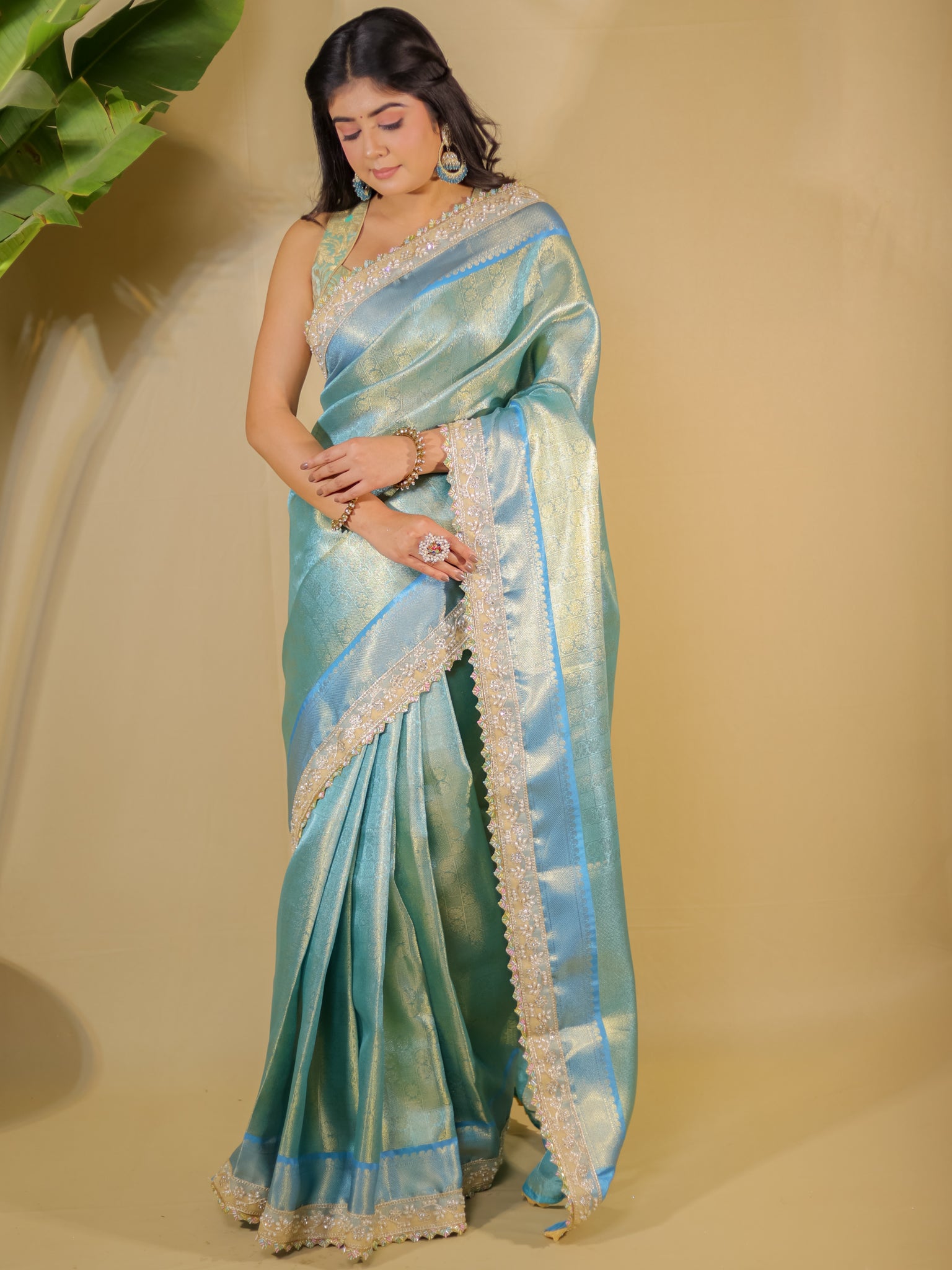 Banarasi Tissue Saree With Lace Border- Blue