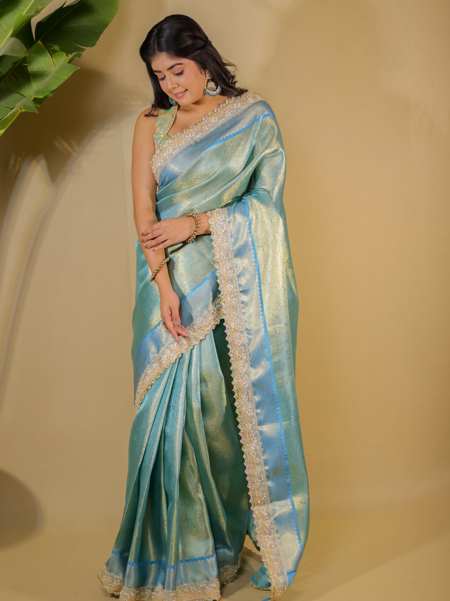 Banarasi Tissue Saree With Lace Border- Blue