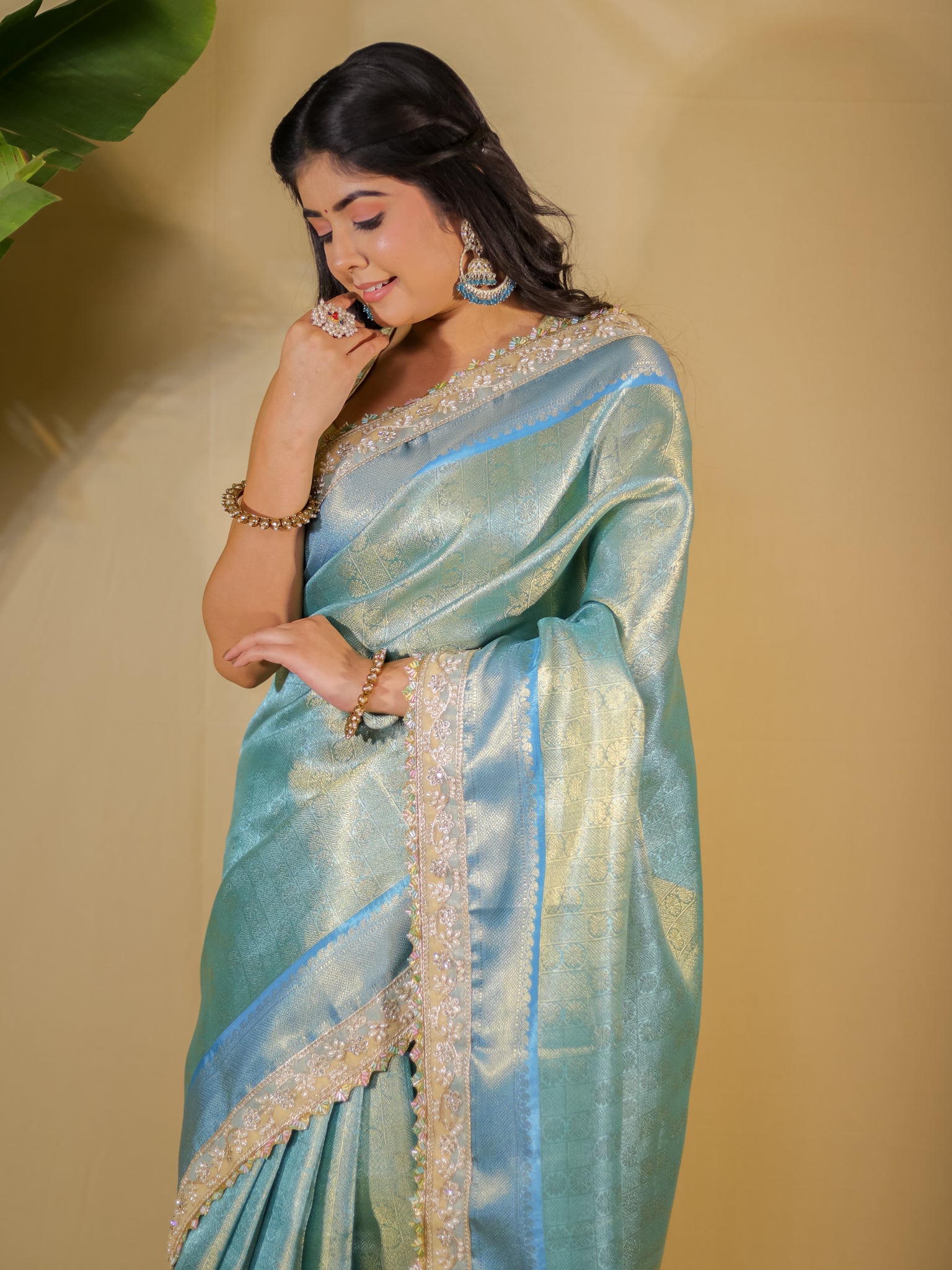 Banarasi Tissue Saree With Lace Border- Blue