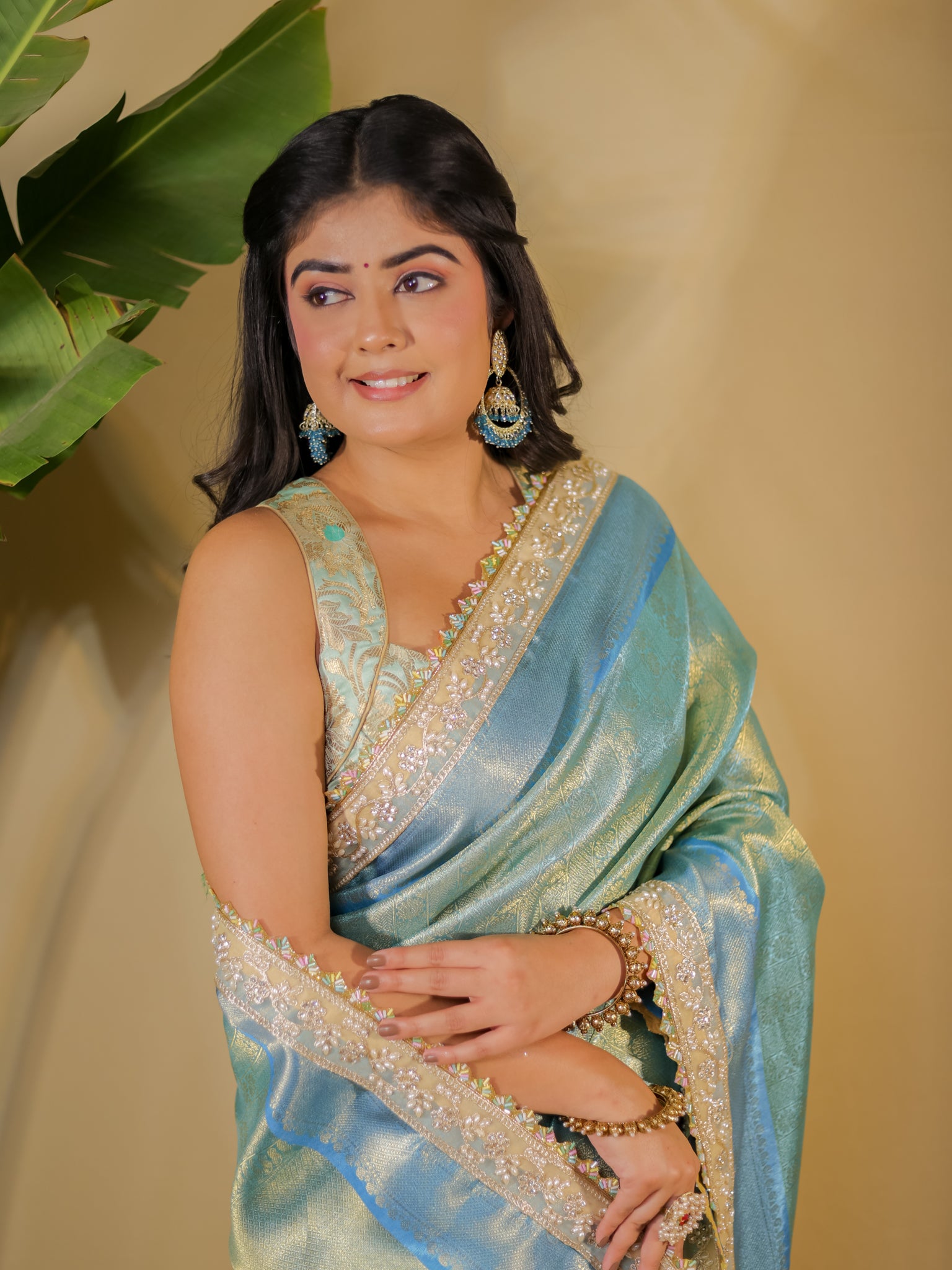 Banarasi Tissue Saree With Lace Border- Blue