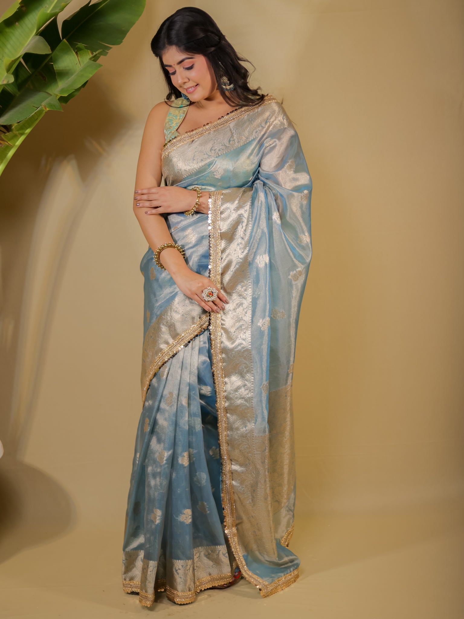Banarasi Tissue Saree With Buti Weaving & Lace Border - Blue