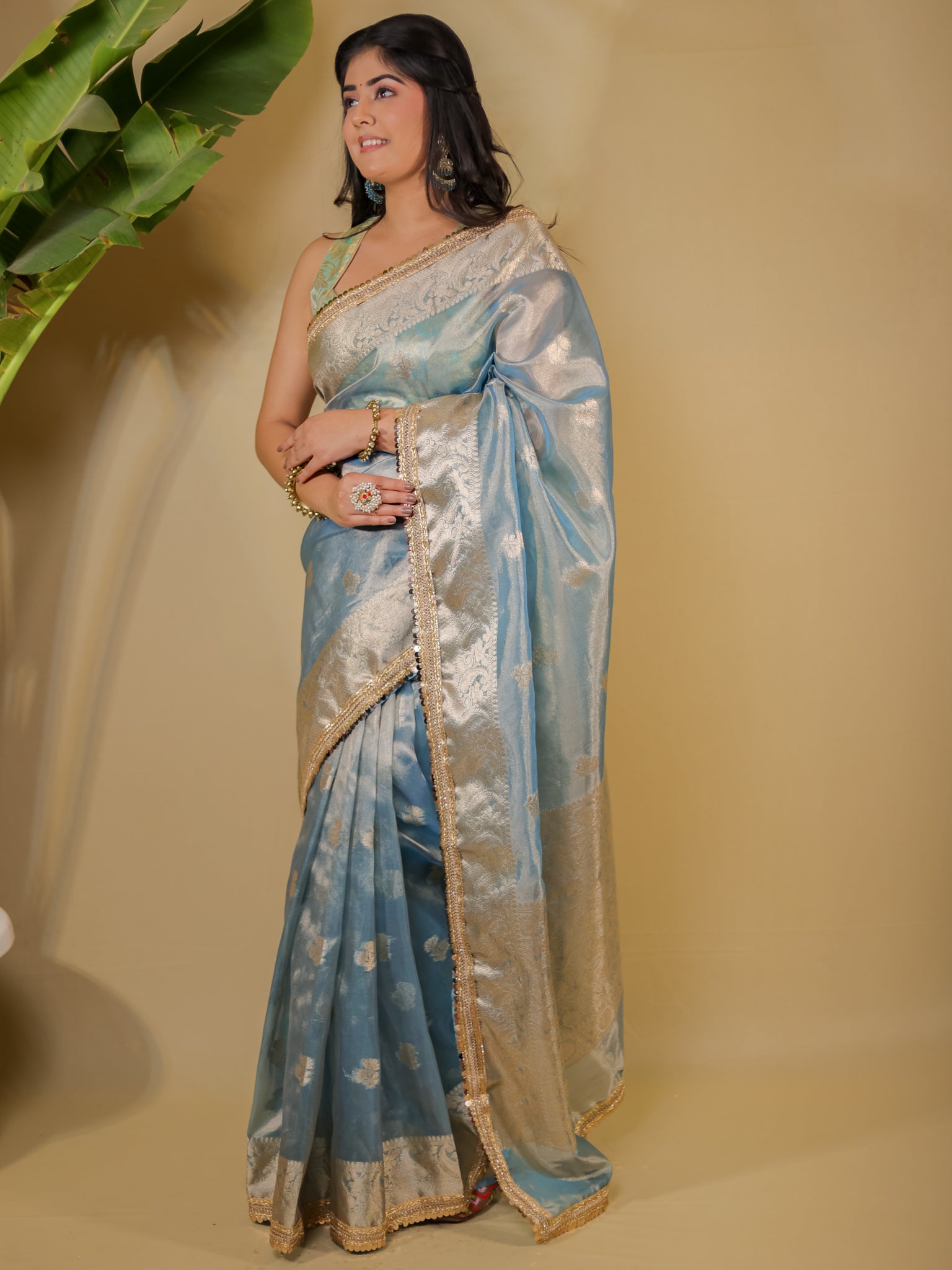 Banarasi Tissue Saree With Buti Weaving & Lace Border - Blue