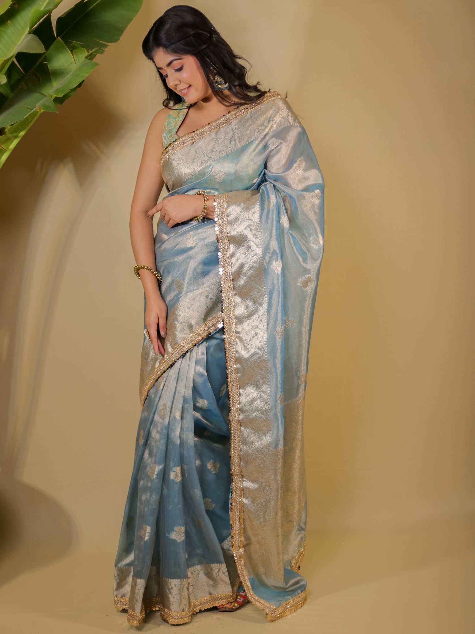 Banarasi Tissue Saree With Buti Weaving & Lace Border - Blue