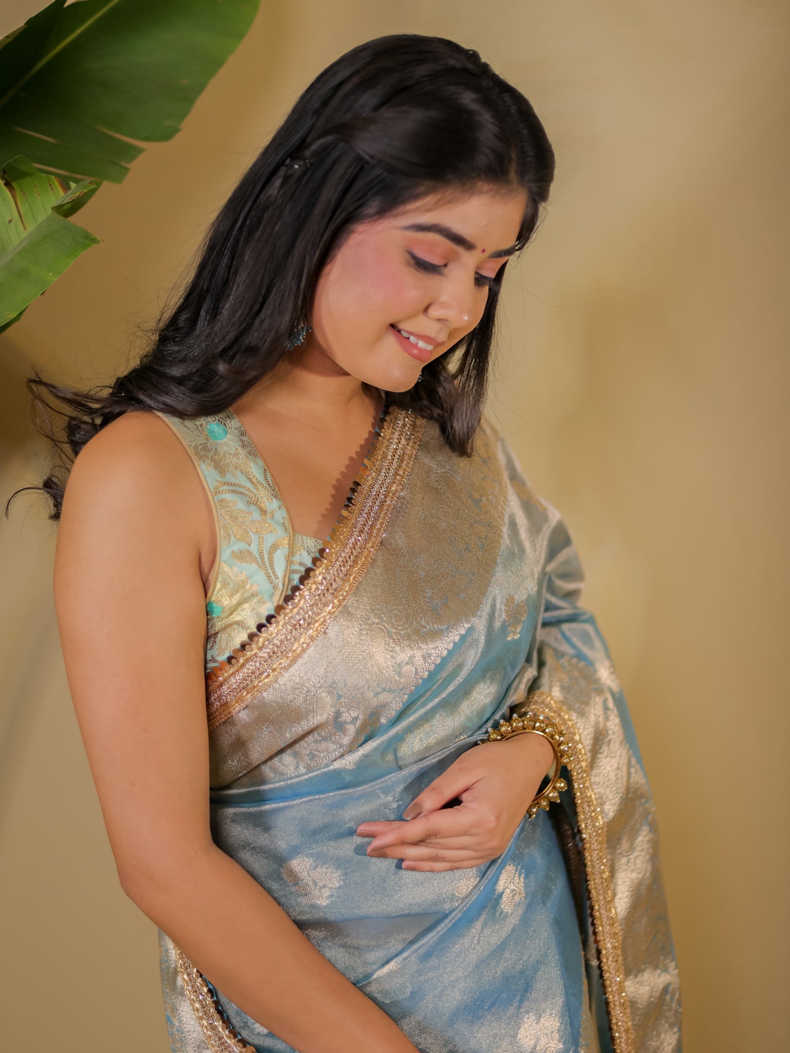 Banarasi Tissue Saree With Buti Weaving & Lace Border - Blue