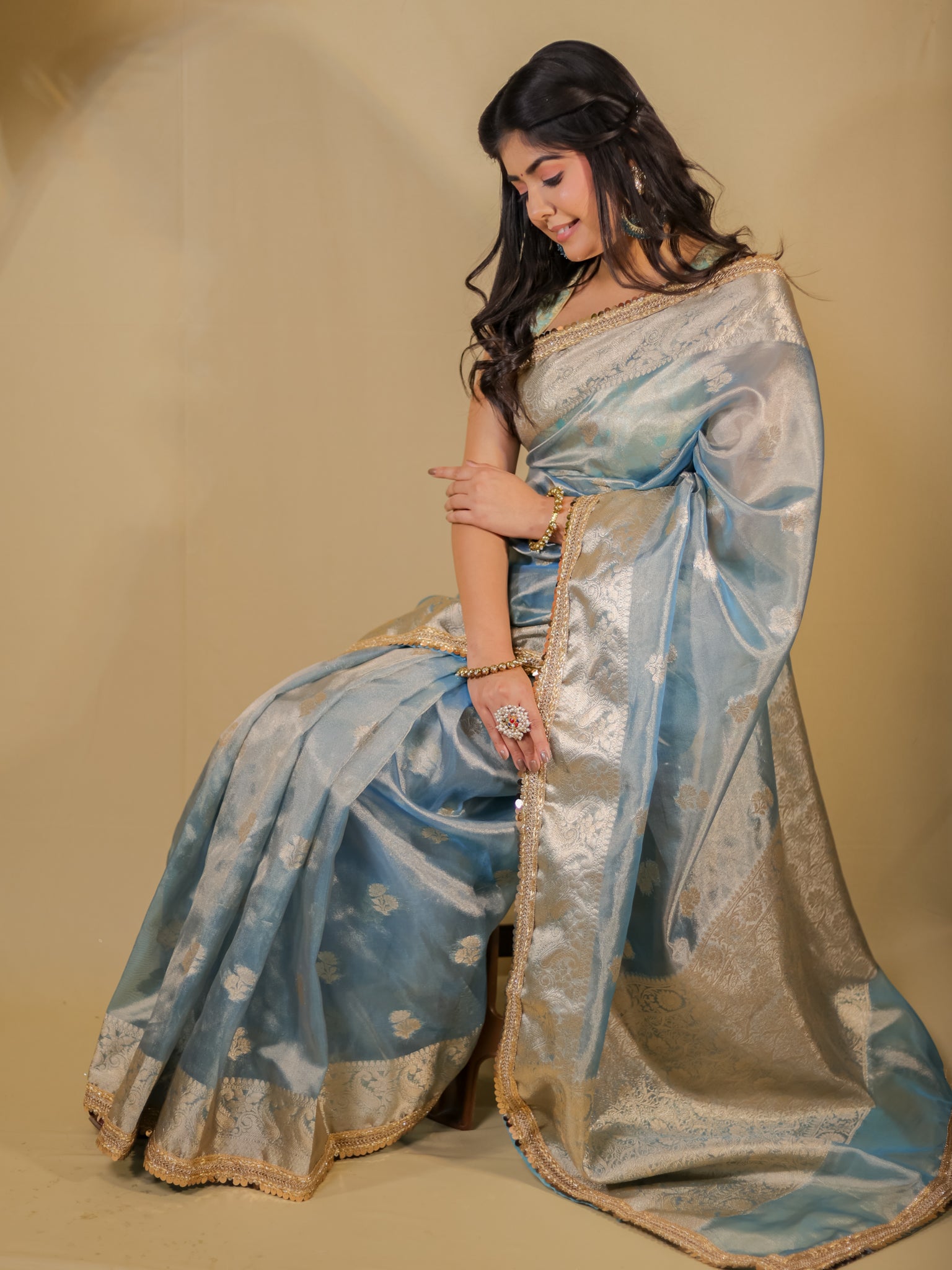 Banarasi Tissue Saree With Buti Weaving & Lace Border - Blue