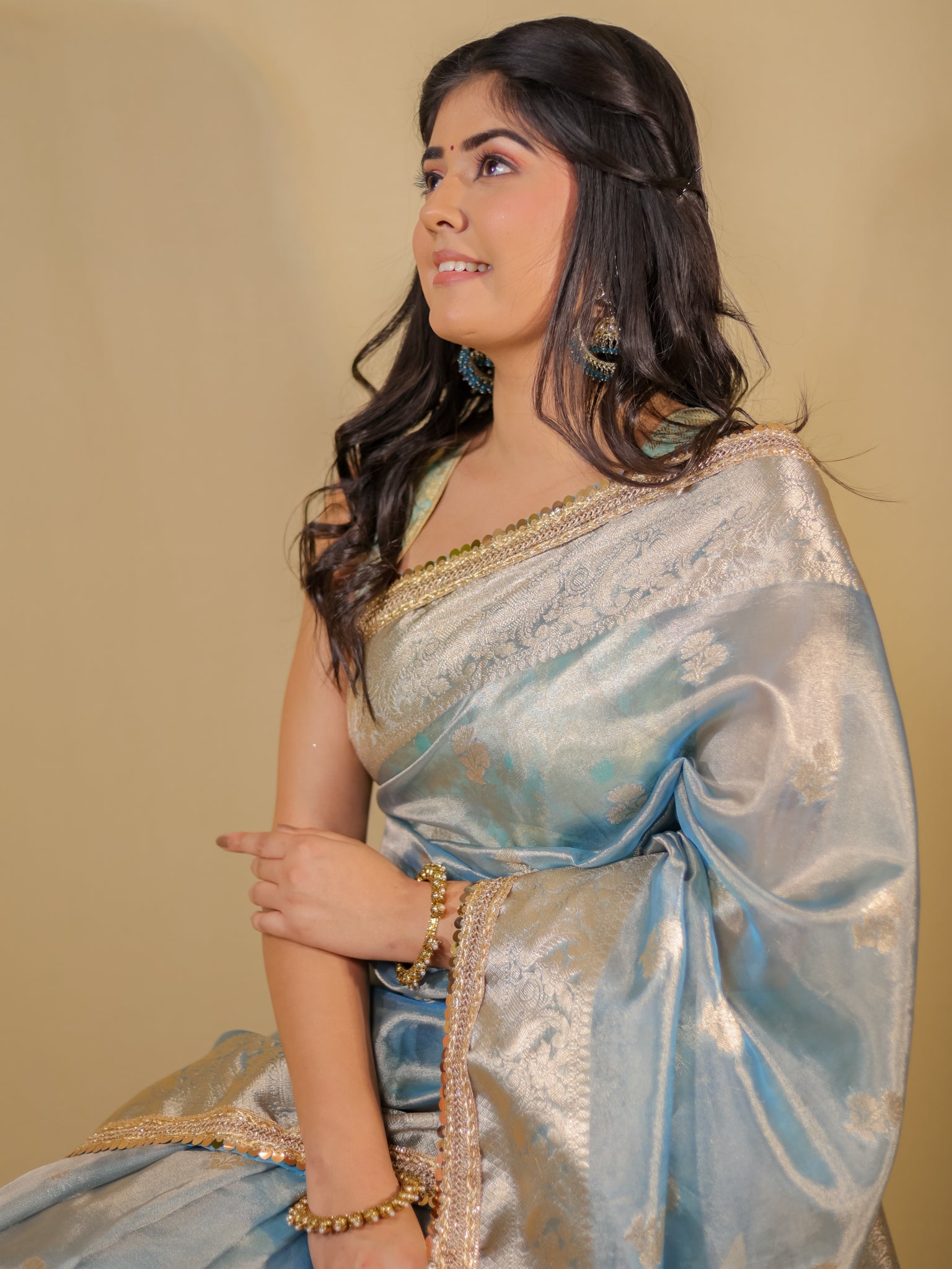 Banarasi Tissue Saree With Buti Weaving & Lace Border - Blue