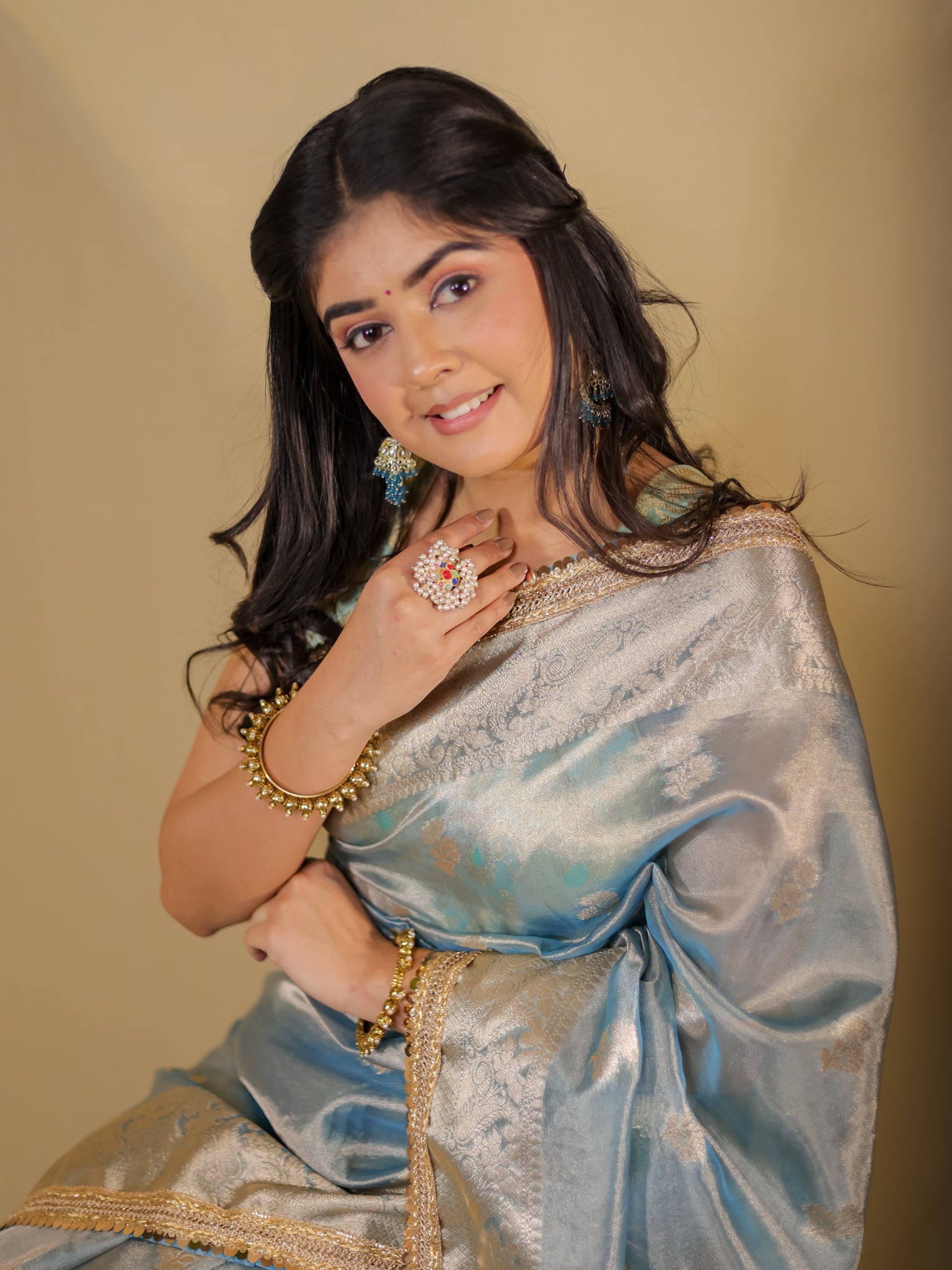 Banarasi Tissue Saree With Buti Weaving & Lace Border - Blue