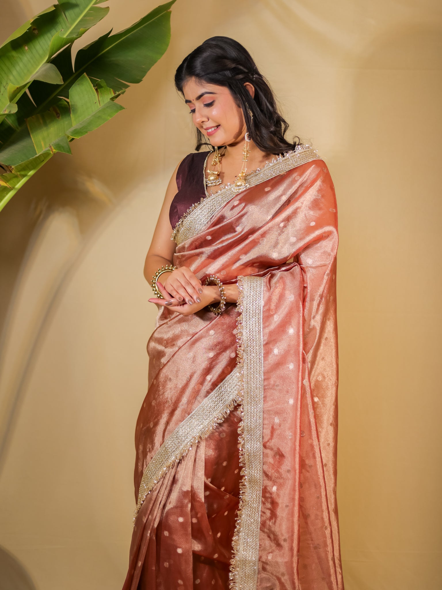 Banarasi Tissue Saree With Buti Weaving & Lace Border