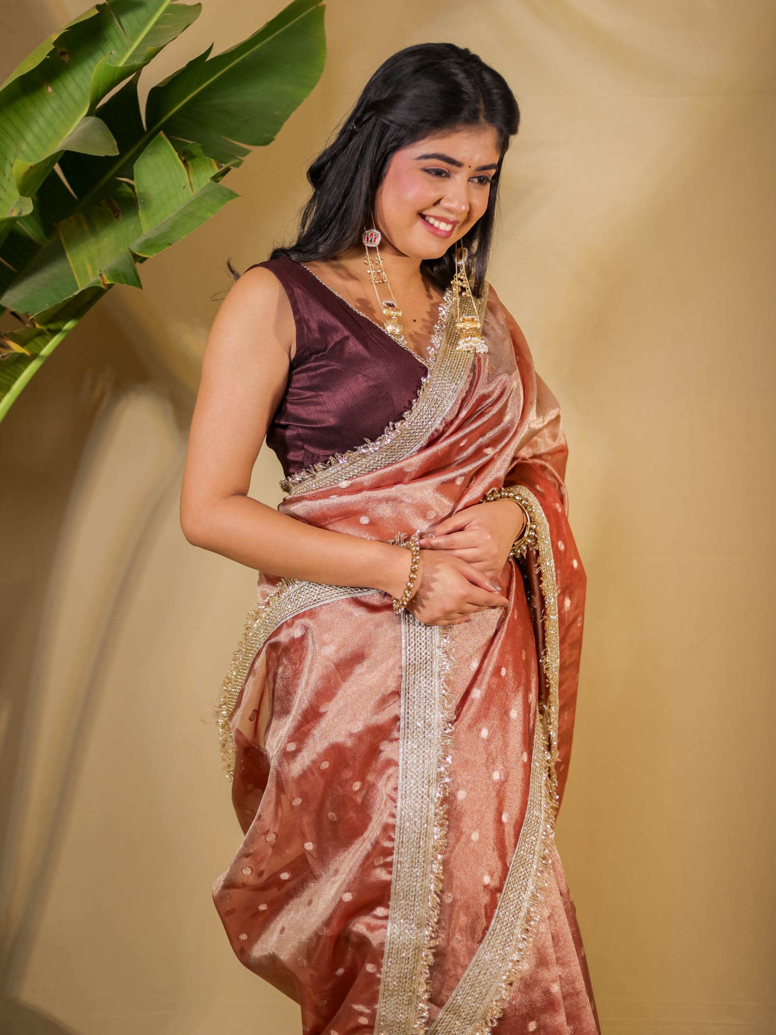 Banarasi Tissue Saree With Buti Weaving & Lace Border