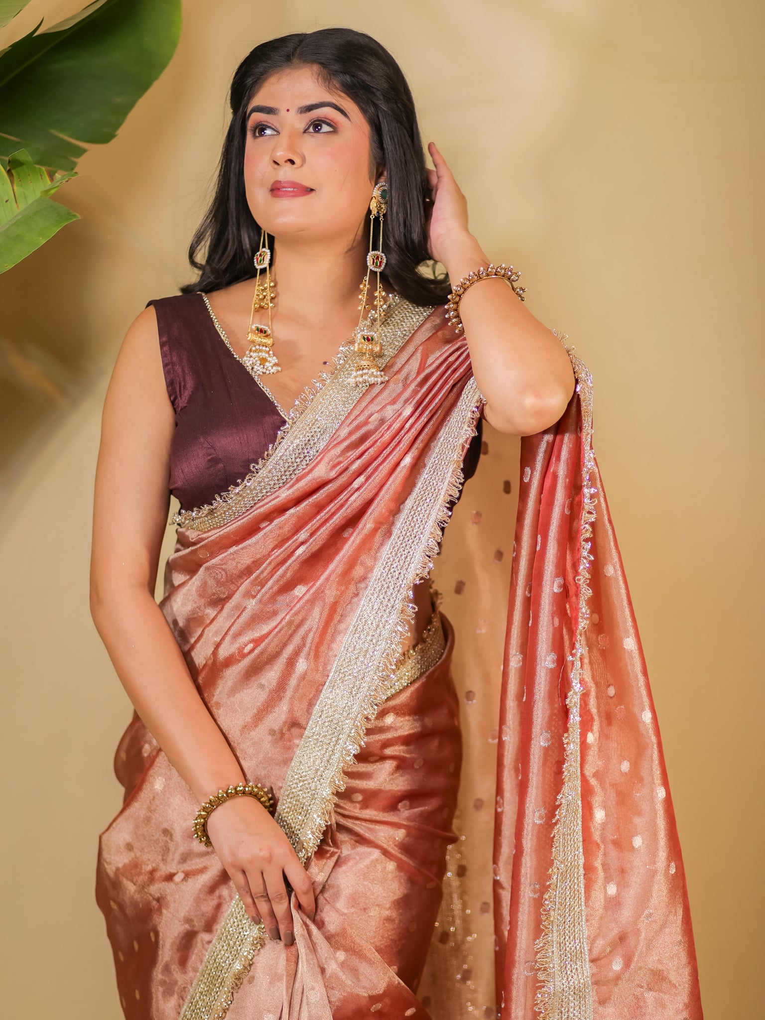 Banarasi Tissue Saree With Buti Weaving & Lace Border