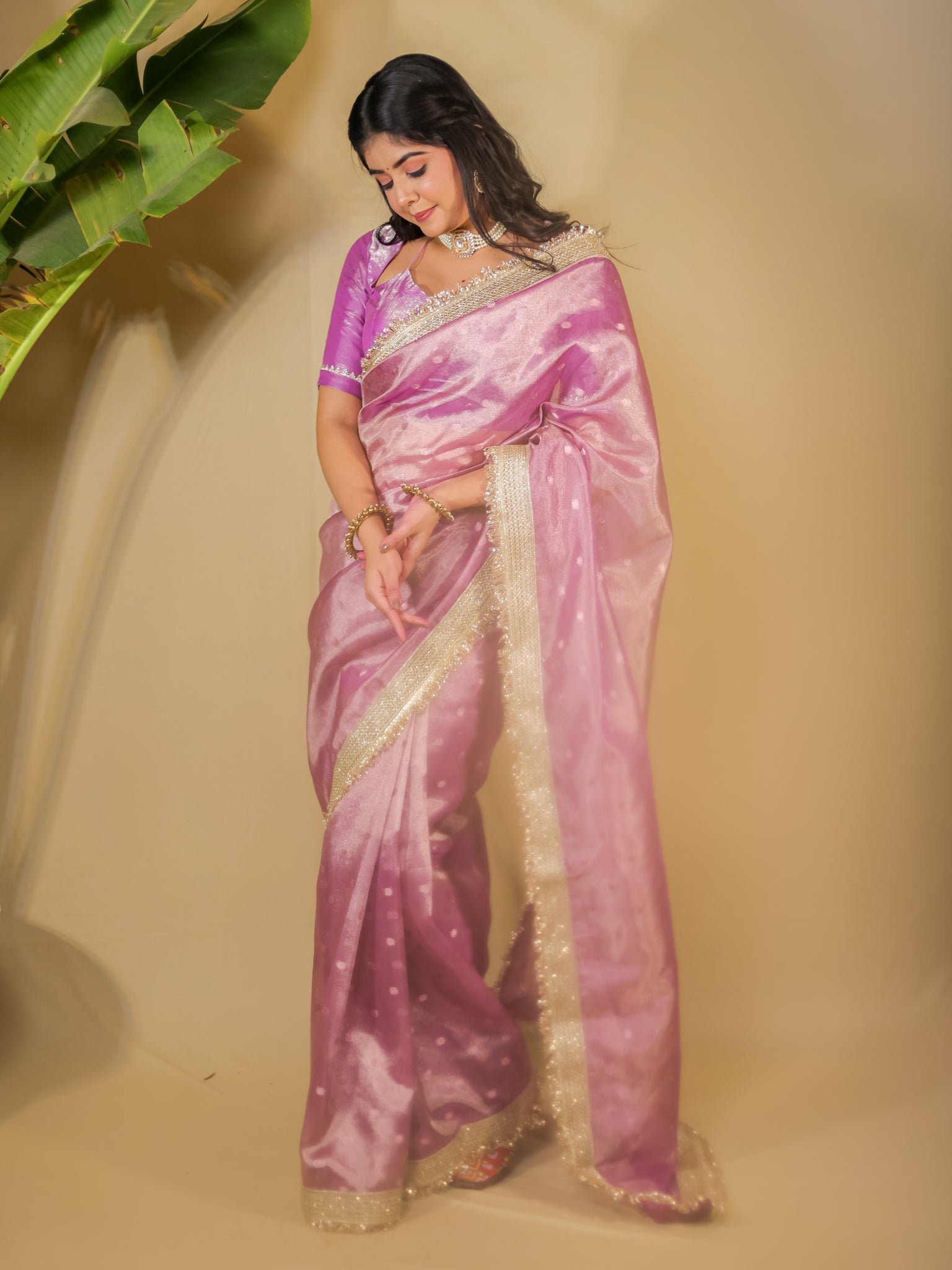 Banarasi Tissue Saree With Buti Weaving & Lace Border - Pink