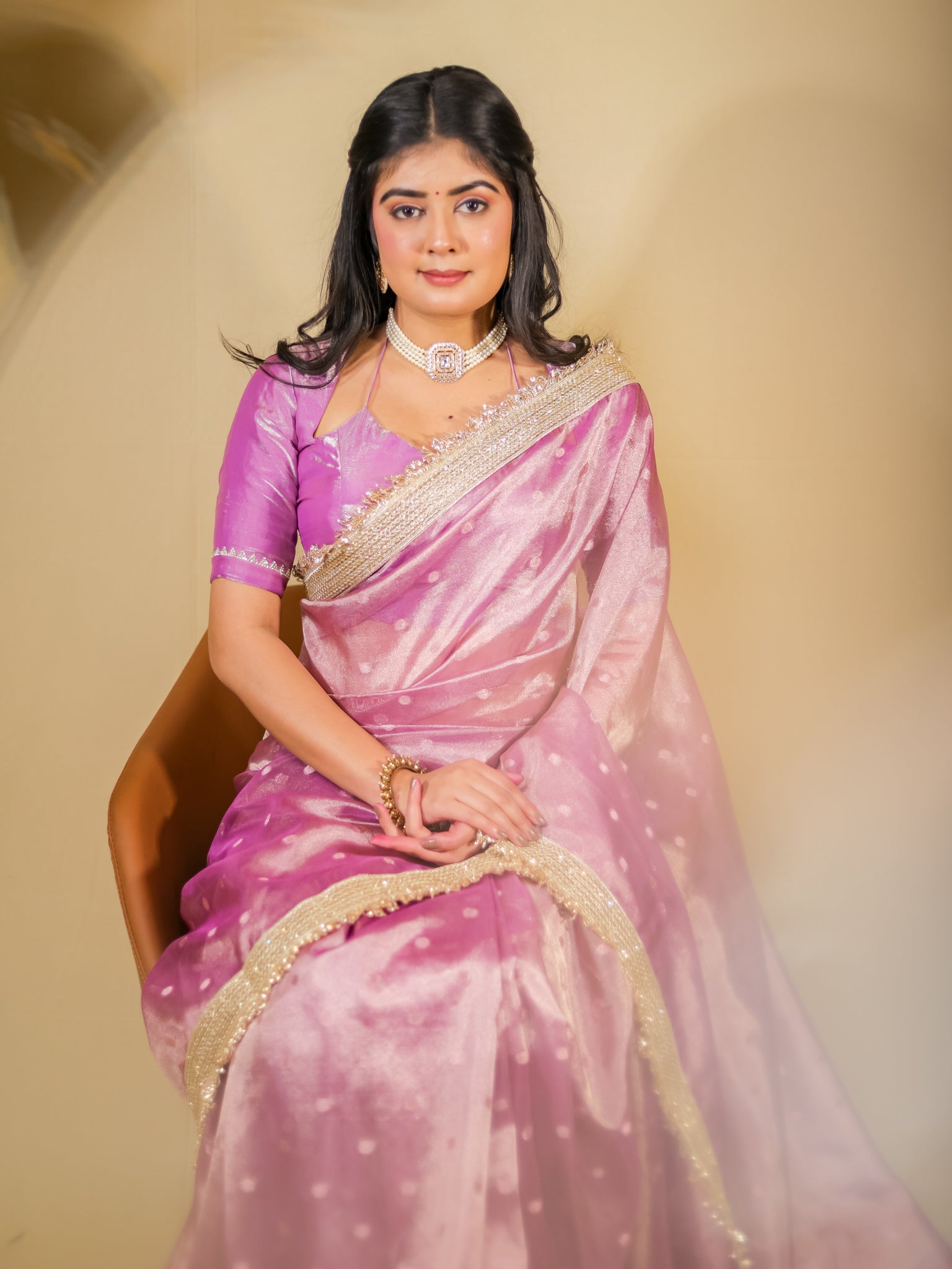 Banarasi Tissue Saree With Buti Weaving & Lace Border - Pink