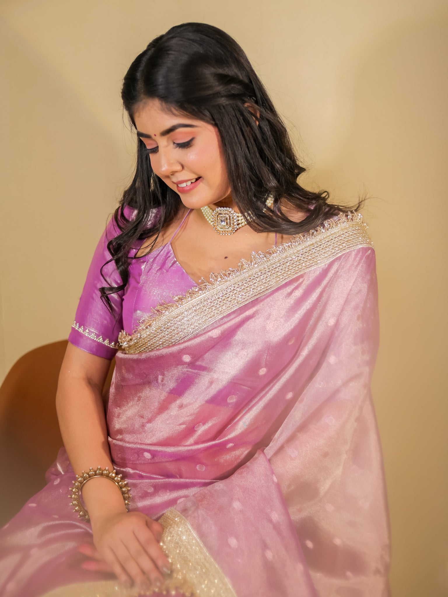 Banarasi Tissue Saree With Buti Weaving & Lace Border - Pink